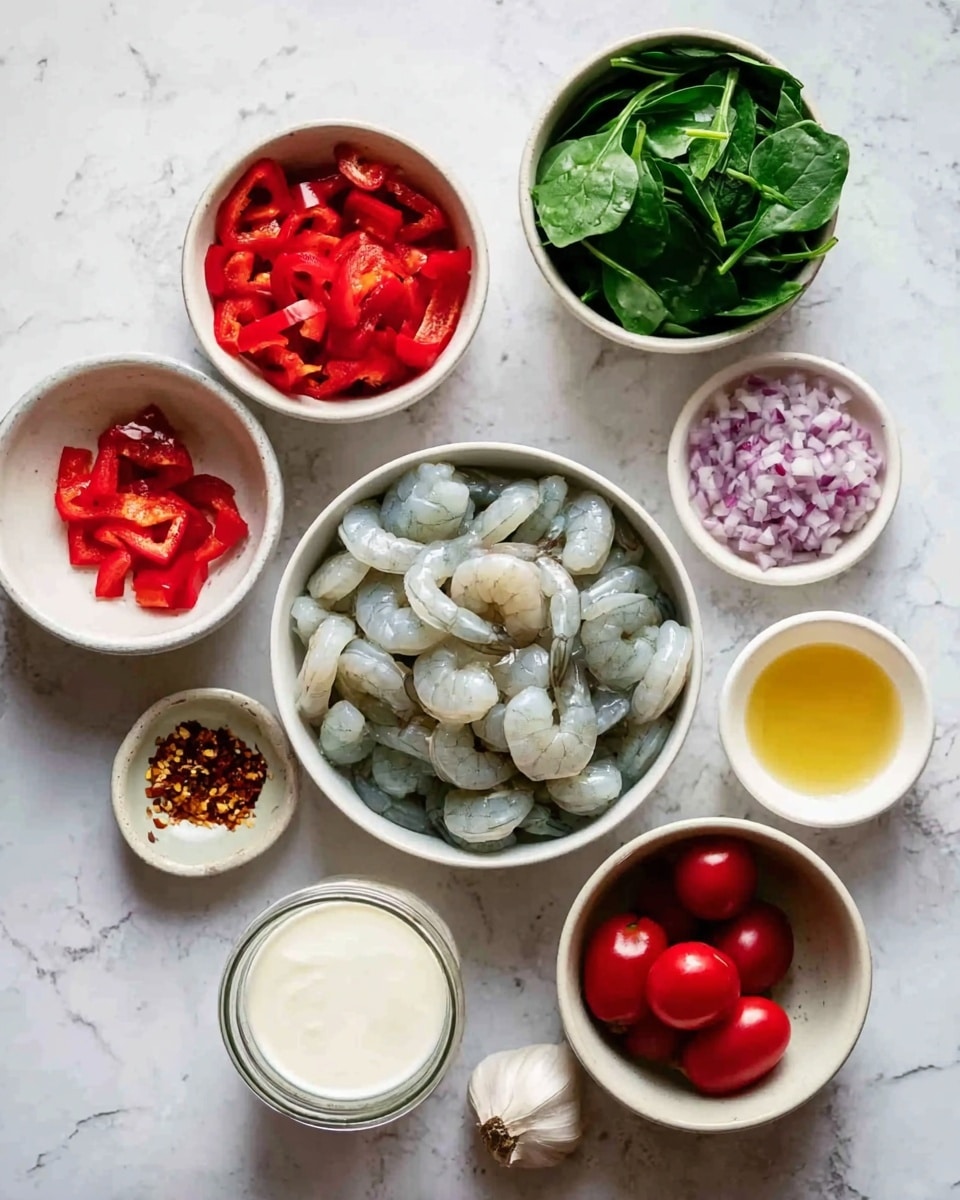 The image shows a top view of several small white bowls arranged neatly on a white marbled surface. In the middle, there is one bowl filled with raw shrimp that are grayish-white with translucent shells. Around it, there are seven smaller white bowls: one with chopped red bell peppers, another with fresh green spinach leaves, one holding finely chopped red onions, a bowl with minced garlic, one with two small red tomatoes, another with a light yellow liquid, and a small dish containing red chili flakes. A small glass container with a white creamy sauce is placed near the bottom. The textures vary from the smooth shrimp and creamy sauce to the leafy greens and chopped vegetables. Photo taken with an iphone --ar 4:5 --v 7