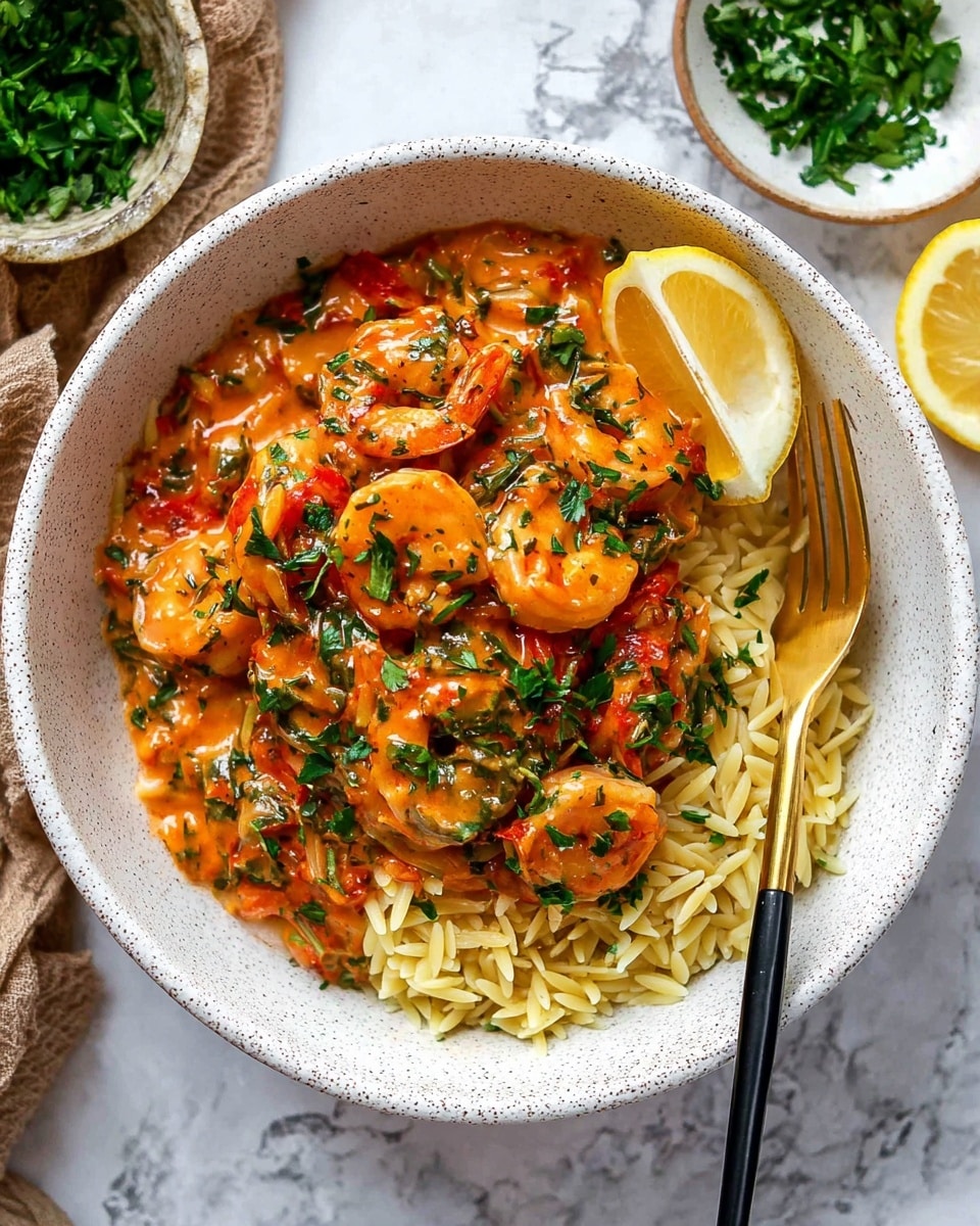 A white speckled bowl holds three main layers: the bottom layer is light yellow orzo pasta, the middle layer is large shrimp coated in a thick, bright orange sauce with bits of red pepper and green herbs, and the top layer is chopped fresh green parsley sprinkled evenly over the shrimp. A lemon wedge is placed on the top right edge of the bowl. A gold and black spoon rests on the left side of the bowl, partially under the shrimp. The bowl is set on a white marbled surface and there are small dishes nearby with chopped green herbs and a lemon slice. Photo taken with an iphone --ar 4:5 --v 7