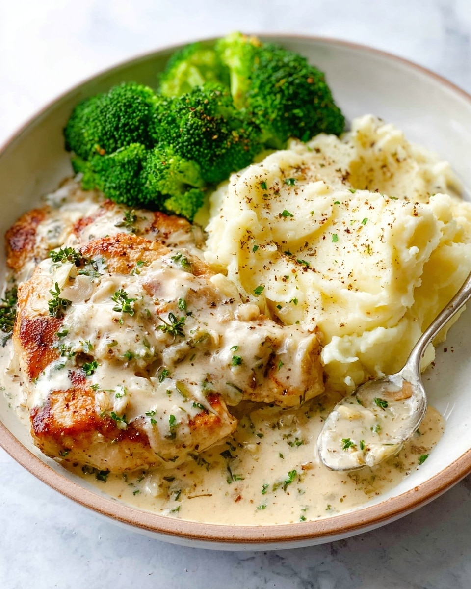 The dish shows a white plate with three main parts: a piece of browned chicken covered with creamy white sauce sprinkled with green herbs and black pepper, a large scoop of mashed potatoes with a creamy, slightly chunky texture and some black pepper on top, and a small pile of bright green steamed broccoli with a fresh, textured look, all placed on a white marbled surface; a spoon is slightly embedded in the mashed potatoes, and the sauce around the chicken has visible bits of herbs and small pieces of garlic, photo taken with an iphone --ar 4:5 --v 7