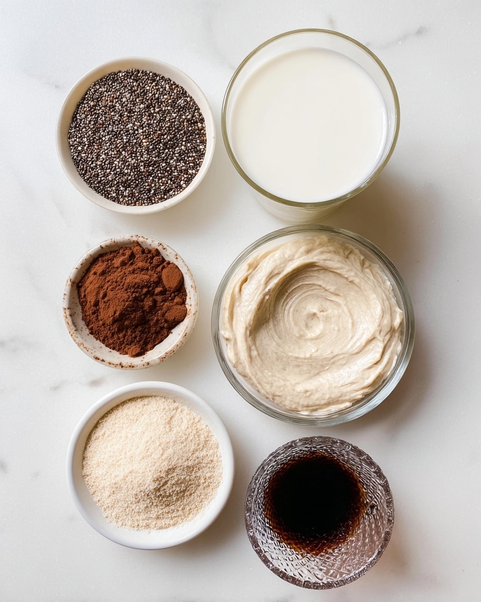 The image shows six small bowls and glasses arranged neatly on a white marbled surface. In the top center, there is a glass filled with white liquid. To its left, there is a small round white bowl with dark brown chia seeds inside, their tiny oval shapes creating a rough textured surface. To the right of the glass, a larger clear bowl holds a creamy, off-white thick mixture with some swirled texture. Below, at the left, a small clear bowl contains smooth dark brown cocoa powder. In the center bottom, a small white bowl is filled with a light beige powdery flour with some small lumps. On the right bottom, a small textured glass cup holds a dark liquid that contrasts strongly against the white marbled surface. The photo taken with an iphone --ar 4:5 --v 7