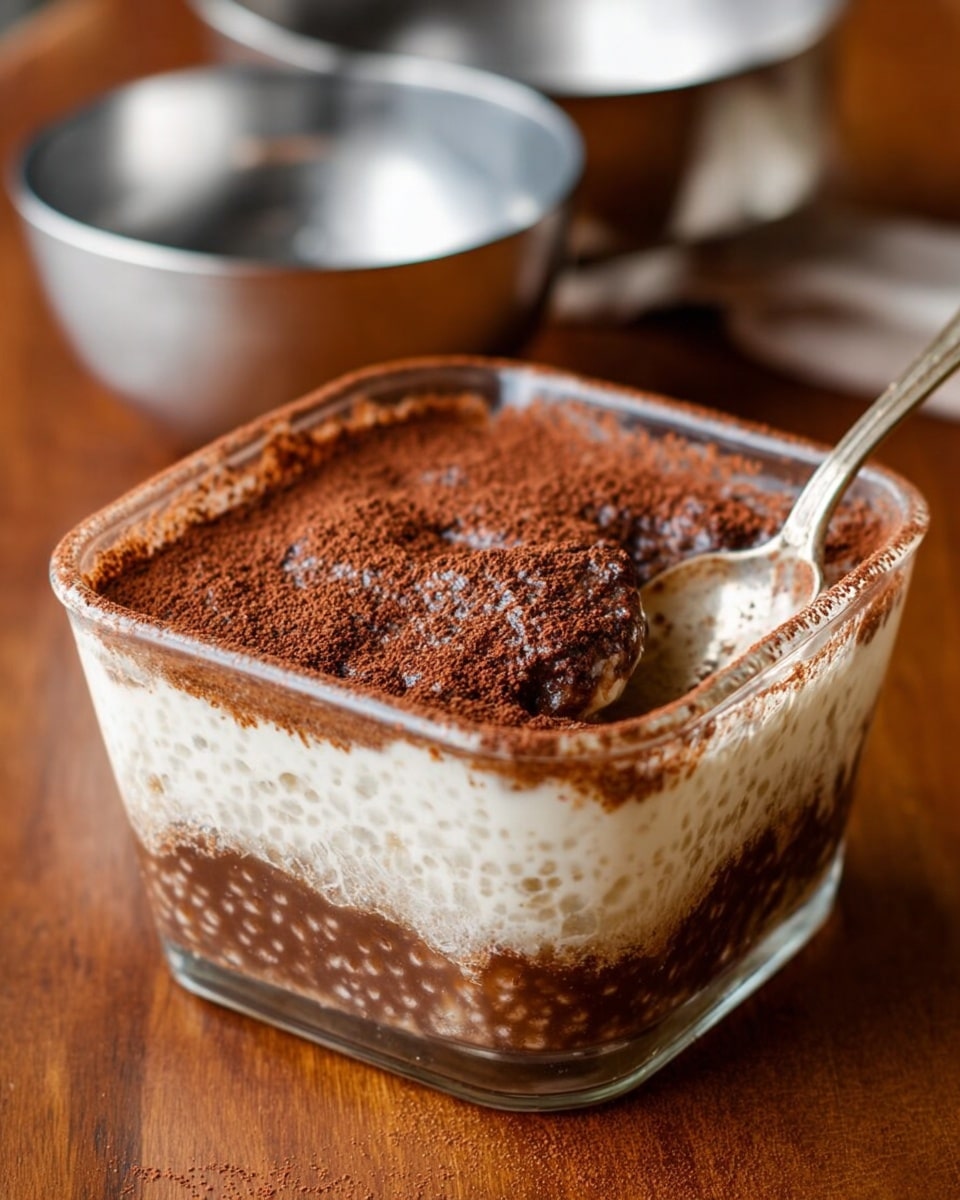 The image shows a clear square glass dish with three visible layers of dessert. The bottom layer is a dark brown, slightly bumpy pudding-like texture. The middle layer is thick and white, creamy with some swirled streaks visible near the edges. The top layer is a fine dusting of dark brown powder covering the surface evenly. A spoon sticks into the right side of the dish, digging into the white middle layer. The dish sits on a wooden surface, and two shiny metallic bowls are blurred in the background. Photo taken with an iphone --ar 4:5 --v 7