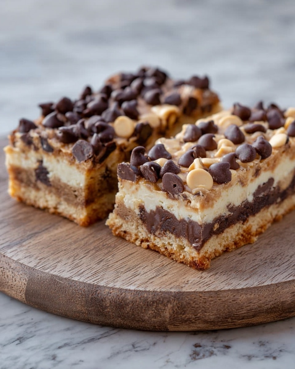 The image shows two rectangular dessert bars placed side by side on a round wooden board. Each bar has three layers: the bottom and middle layers are light brown with a soft, crumbly texture and embedded with semi-sweet chocolate chips, while the top layer is a lighter, beige color with a slightly bumpy surface covered evenly with dark brown chocolate chips. The background is a white marbled texture, adding a clean and bright contrast to the dessert bars. photo taken with an iphone --ar 4:5 --v 7