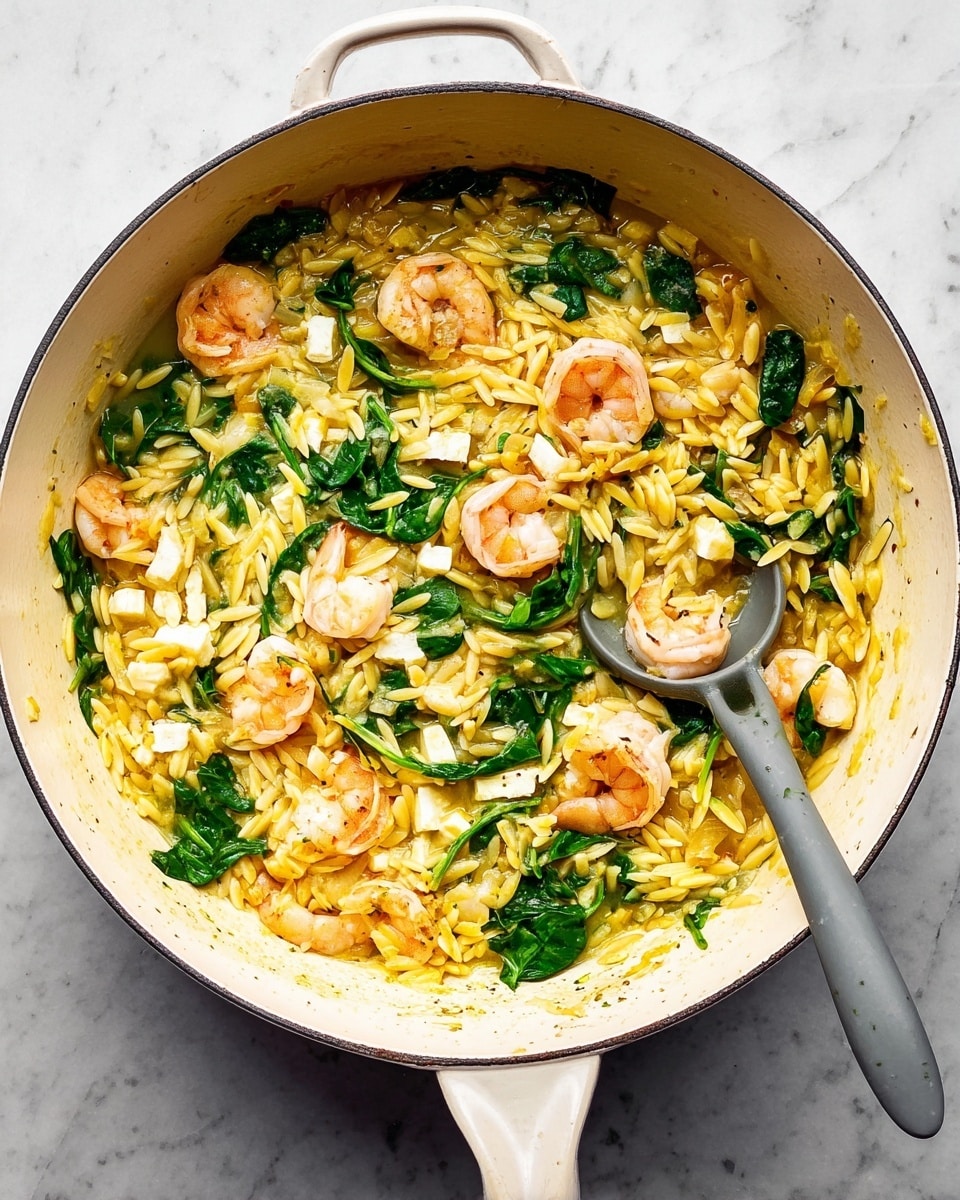 A white pot filled with a dish of cooked orzo pasta, pink shrimp scattered evenly, bright green fresh spinach leaves mixed throughout, and small white cubes of cheese spread over the top, all sitting on a light yellow sauce coating the ingredients. A gray spoon rests inside the pot on the right side, partially submerged in the food. The pot sits on a white marbled surface. Photo taken with an iphone --ar 4:5 --v 7