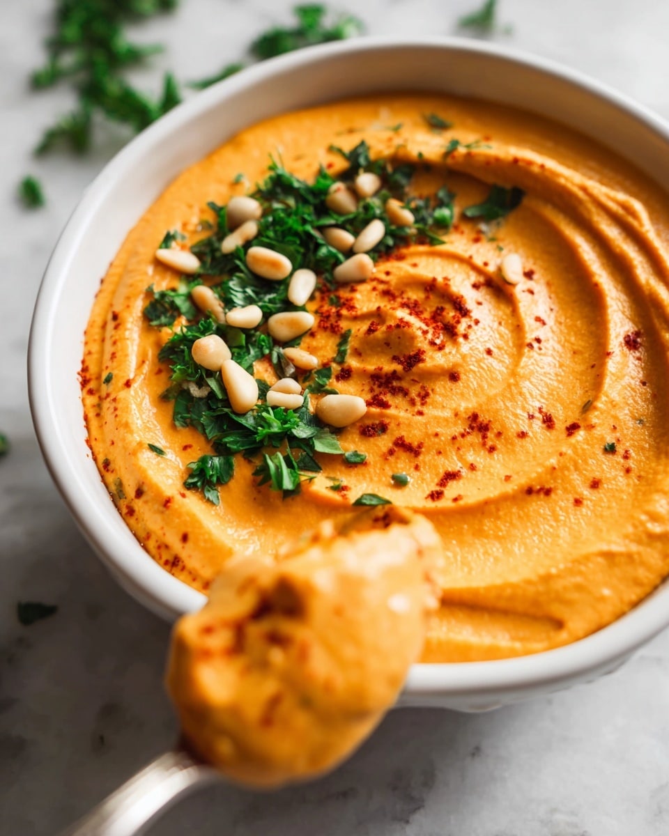 A white bowl filled with smooth orange hummus spread evenly in a swirl pattern. On top, there is a circle of chopped green parsley and scattered beige pine nuts. A light sprinkling of dark red spice powder adds contrast in small patches on the hummus surface. In the foreground, a spoon holding a thick scoop of the same orange hummus is held by a woman's hand. The background has a white marbled texture with some out-of-focus parsley leaves scattered around. photo taken with an iphone --ar 4:5 --v 7