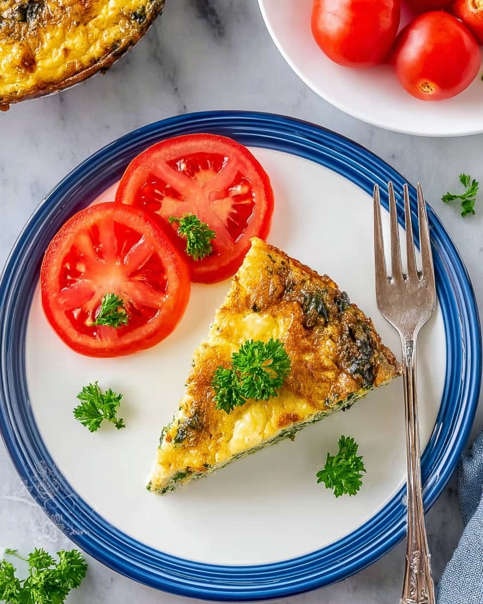 A white plate with a blue rim holds a slice of golden yellow frittata with a browned top, showing green herbs or vegetables inside, placed at the center bottom. Above the frittata slice, three bright red tomato slices are arranged side by side in a slightly overlapping line, each garnished with a small green parsley leaf. Additional parsley leaves are scattered around the frittata slice on the plate. The plate is set on a white marbled surface, next to a silver fork on the right, and a white plate with whole tomatoes is partly visible on the top right. Photo taken with an iphone --ar 4:5 --v 7