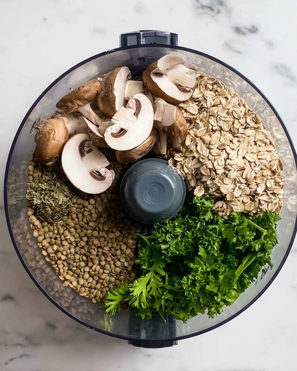 A clear round bowl with black edges sits on a white marbled surface, filled with four separate piles of ingredients around a central black food processor blade. In the top right is a pile of light brown rolled oats, placed next to sliced light brown mushrooms at the top center. To the top left are small brown lentils mixed with a few green herbs, while the bottom right holds a bunch of fresh bright green leafy parsley. The ingredients are neatly divided, showing distinct textures and colors without mixing, photo taken with an iphone --ar 4:5 --v 7