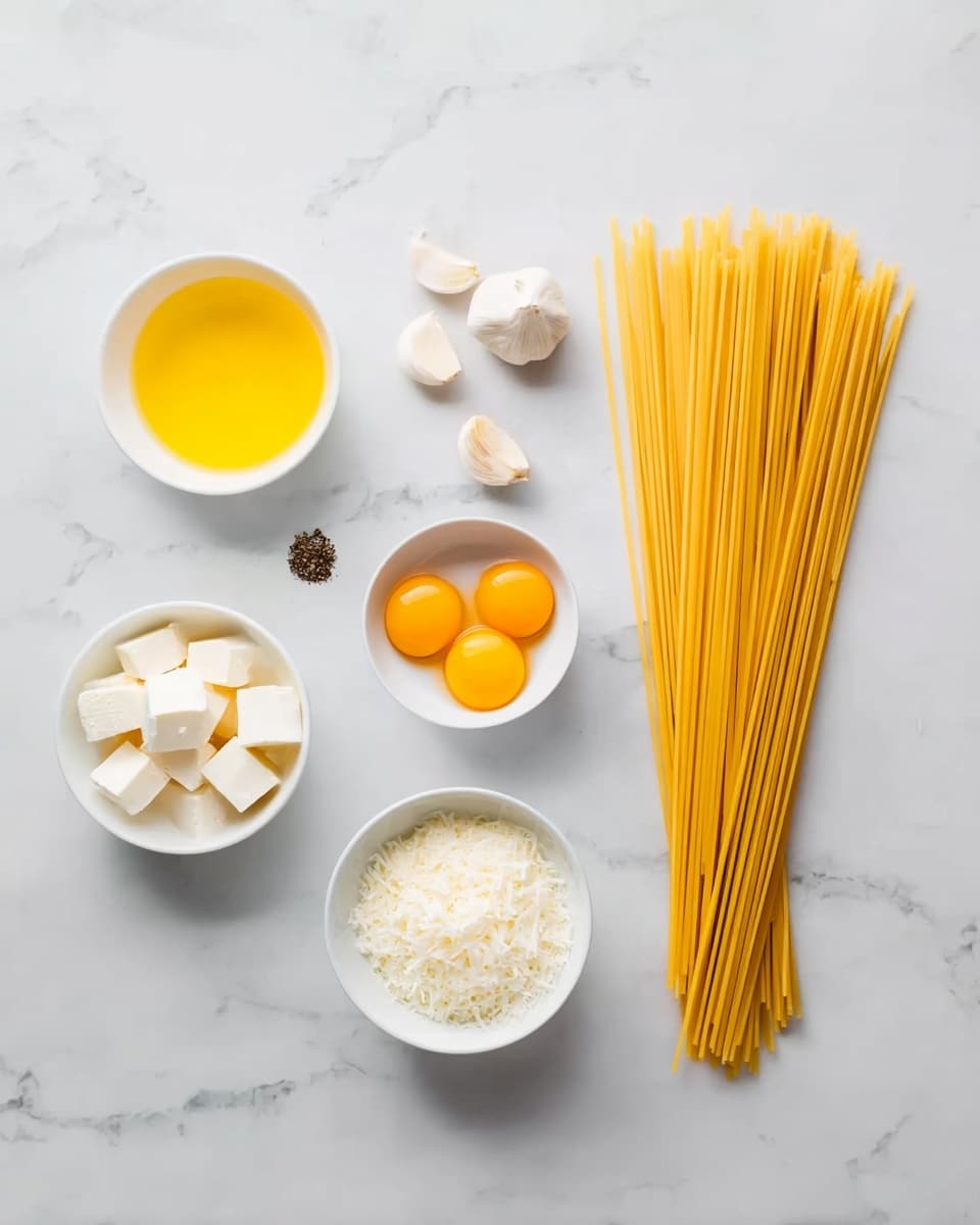 The image shows ingredients neatly arranged on a white marbled surface. On the right side, there is a neat bundle of uncooked yellow spaghetti standing vertically with a slight uneven top edge. On the left, there are six small white bowls: one filled with yellow olive oil, one with three bright yellow egg yolks, one with small white cubes of cheese, one with a white powdery ingredient (likely salt), one with black and white pepper, and two cloves of garlic placed above the bowls. The colors are natural and clean, and everything is spread out with clear space around each item, creating a simple and organized look. Photo taken with an iphone --ar 4:5 --v 7