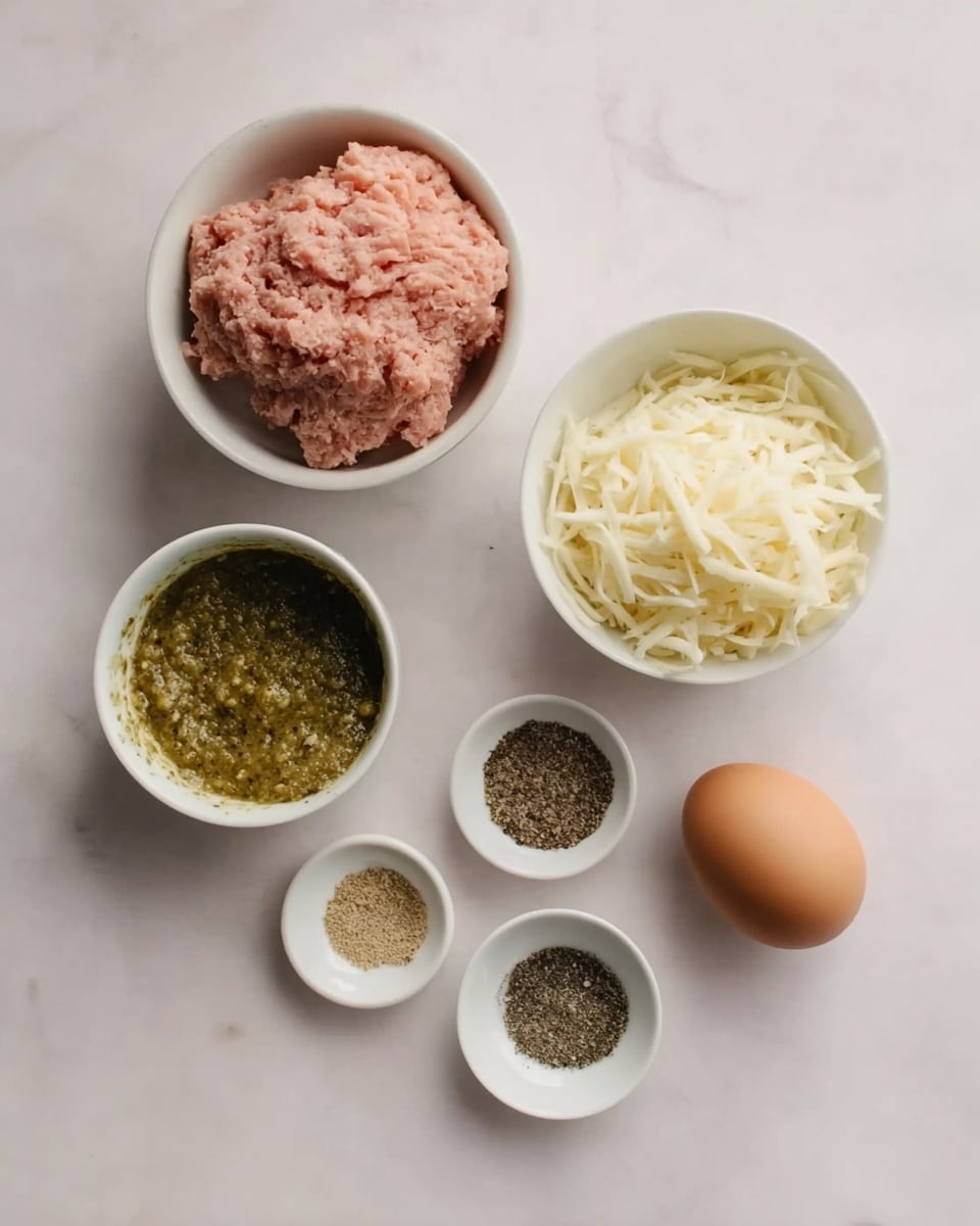 The image shows five small white bowls and a single brown egg placed on a white marbled surface. One bowl holds pink ground meat with a soft, textured look. Another bowl contains shredded white cheese with thin, stringy pieces. A smaller bowl is filled with a greenish pesto sauce that looks thick and slightly chunky. The smallest white bowl has three types of ground spices: one light beige, one dark brown, and one black. The brown egg is placed between the bowls, standing out with its smooth shell. Photo taken with an iphone --ar 4:5 --v 7