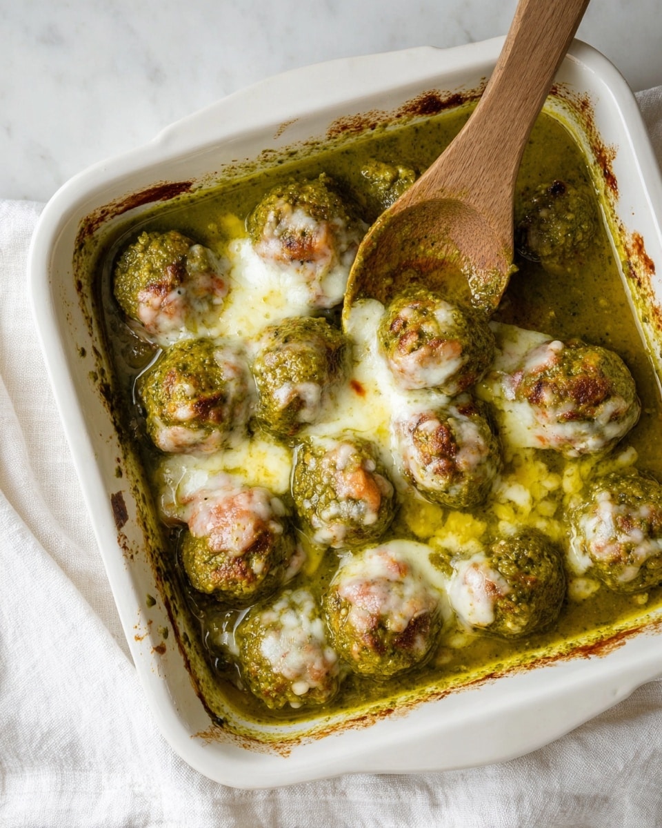 The image shows a white ceramic baking dish filled with about ten round meatballs covered in a green pesto sauce. Each meatball has a melted layer of white cheese on top, unevenly spread and melting into the sauce. A wooden spoon is resting at the top right corner of the dish, slightly stained with green sauce. The meatballs sit in a shallow pool of oily, green-tinted sauce, and the edges of the baking dish have browned spots from baking. The dish is placed on a white marbled surface with a white cloth nearby. Photo taken with an iphone --ar 4:5 --v 7