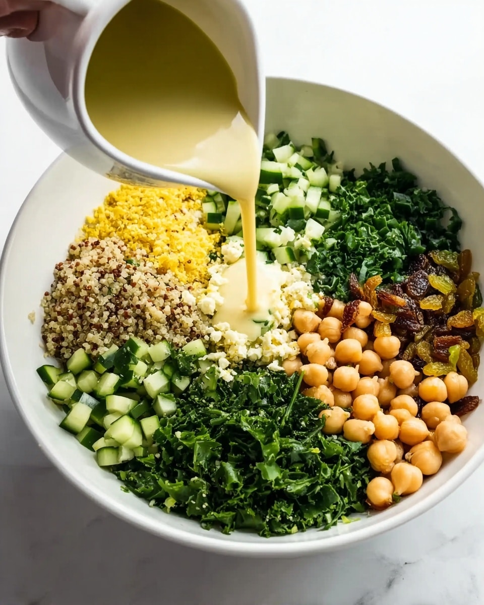 A white bowl sits on a white marbled surface, filled with colorful ingredients neatly arranged in sections. Starting from the top right and moving clockwise, there are small bright green cucumber cubes, pale yellow quinoa grains, finely chopped green herbs, light yellow crumbled cheese, golden-brown raisins, dark green leafy spinach, light brown chickpeas, and green chopped parsley. A woman's hand pours a pale yellow dressing from a white pitcher onto the greens in the center of the bowl. The whole presentation is clean and fresh with distinct colors and textures. photo taken with an iphone --ar 4:5 --v 7