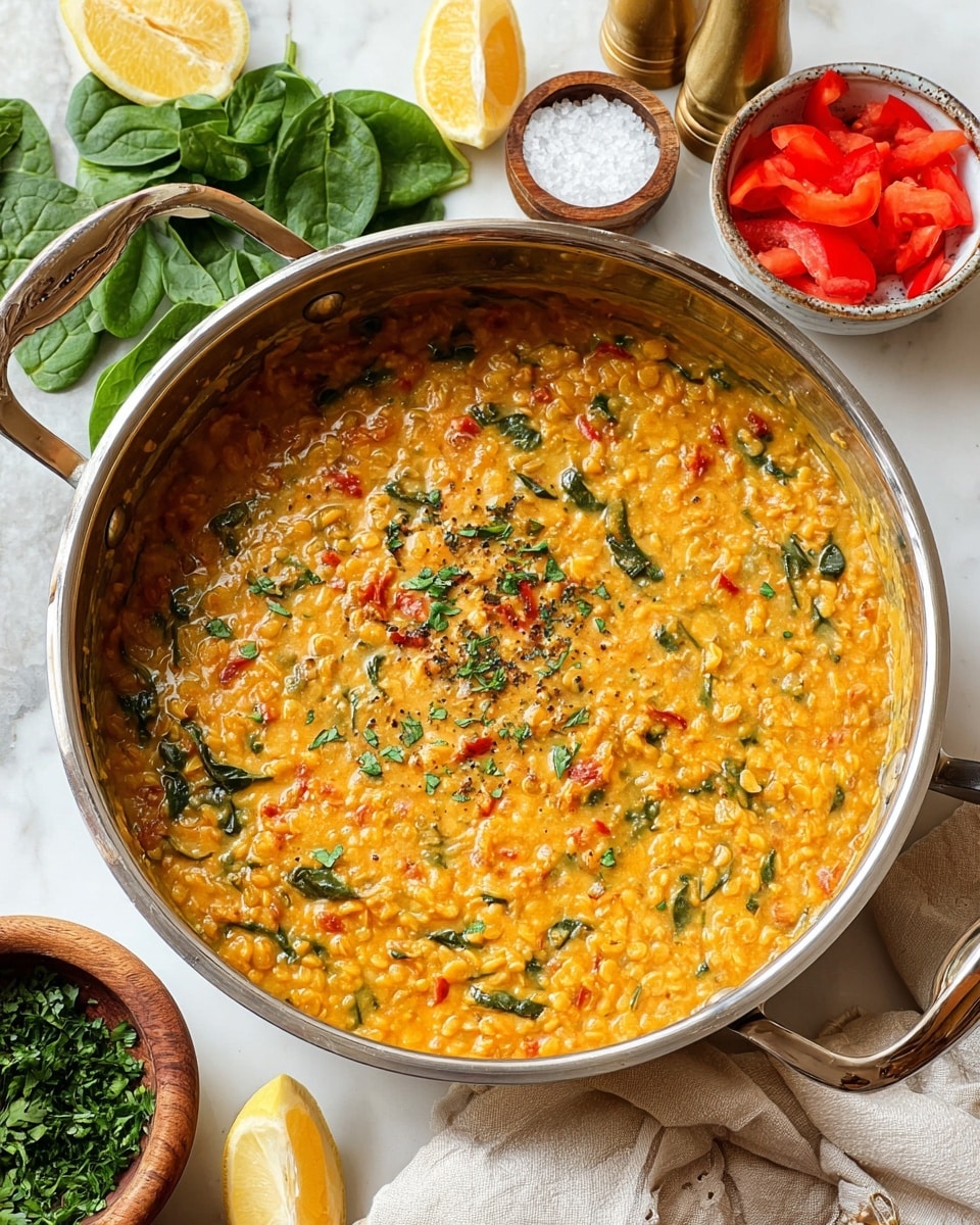 A large silver metal pot filled with a thick, creamy lentil stew showing a yellow-orange base with visible red bits, small green leafy pieces, and finely chopped herbs scattered across the surface. Around the pot, there are fresh green spinach leaves on a white marbled surface, a half lemon, a small white bowl with bright red tomato strips, a small wooden bowl filled with chopped green herbs, a container with coarse white salt, and a gold pepper grinder. A white cloth and a wooden utensil are also partly visible in the background. photo taken with an iphone --ar 4:5 --v 7