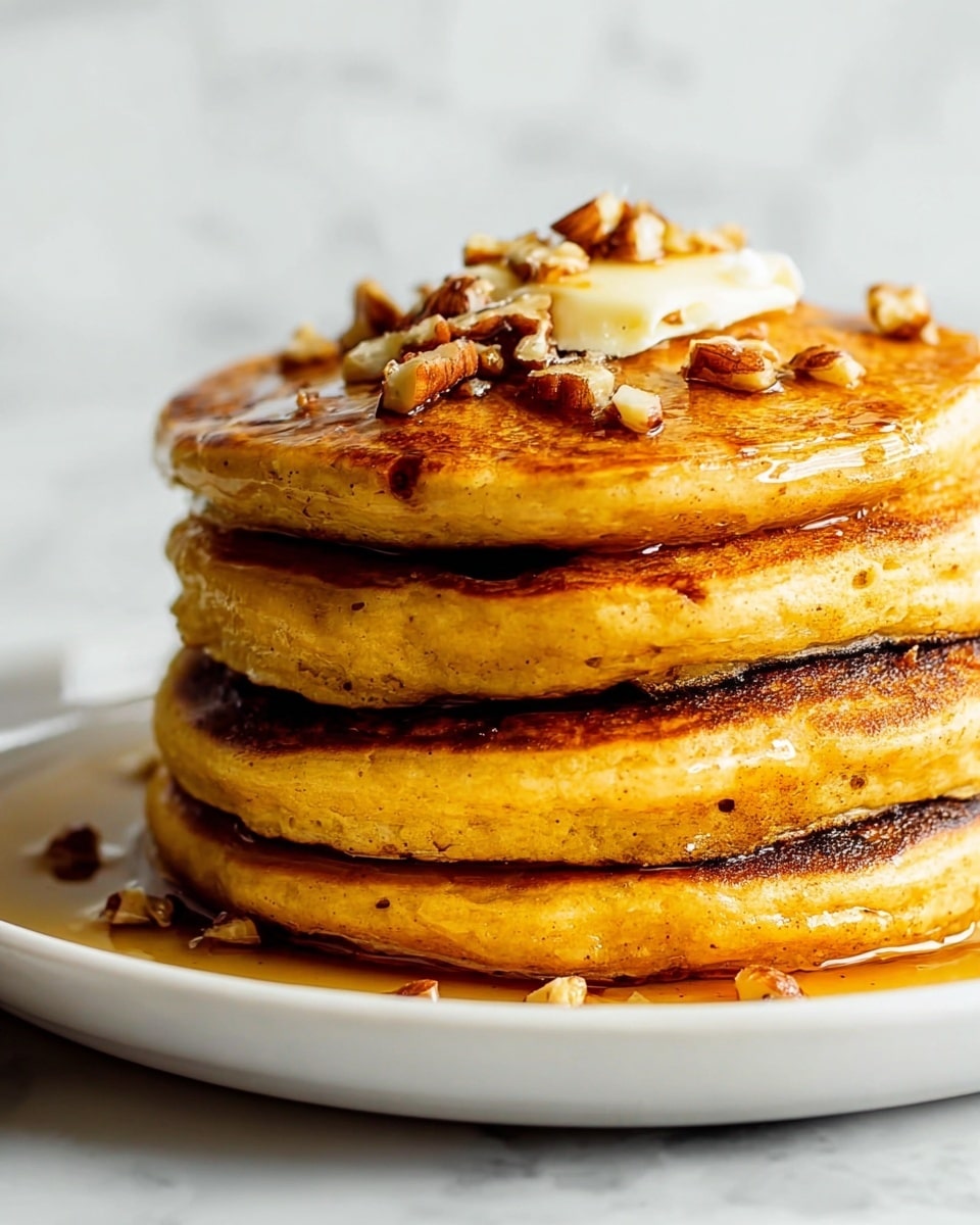 A stack of four thick, golden-brown pancakes with a slightly rough texture sits on a white plate over a white marbled surface. The top pancake is decorated with a dollop of melted butter that is soft and shiny, surrounded by scattered small pieces of nuts. Glossy syrup drips down the sides of the pancakes, giving them a shiny look and creating small drops at the base of the stack. The pancakes have a warm, inviting color with subtle darker spots, showing their cooked surface well. photo taken with an iphone --ar 4:5 --v 7