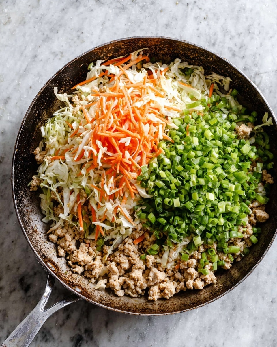 A skillet filled with four visible layers of ingredients, starting with cooked ground chicken at the bottom, light tan in color and crumbly in texture. On top of that, finely shredded cabbage mixed with thin orange carrot strips forms a white and orange crunchy layer. Over the cabbage and carrots lies a layer of chopped green onions in small round slices, bright green in color, covering the right side of the skillet. The skillet is old and shows some browning inside. The whole scene is set on a white marbled surface. Photo taken with an iphone --ar 4:5 --v 7