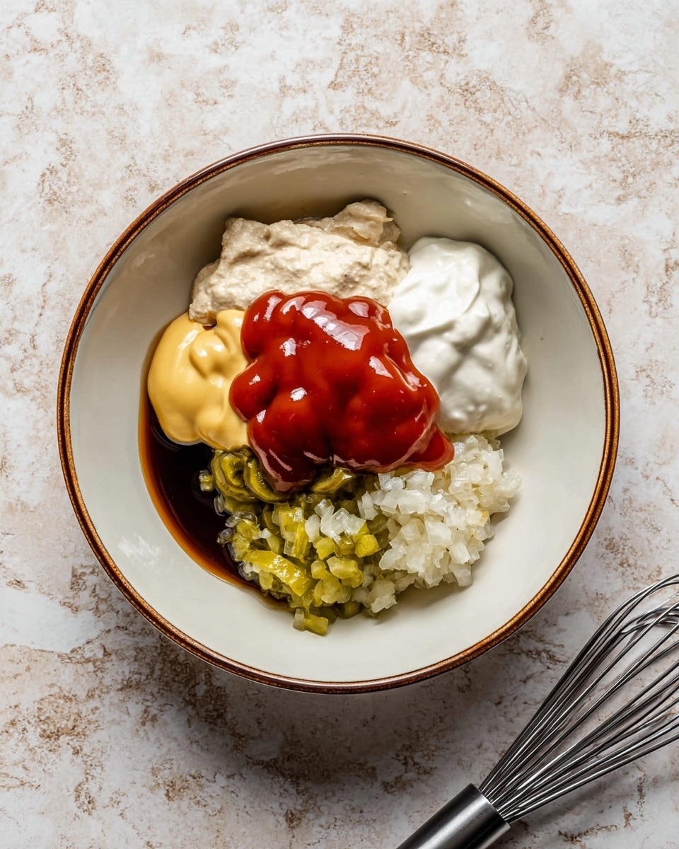 A white bowl with brown rim holds six separate ingredients arranged in groups inside it, placed on a white marbled surface. Starting from the top and moving clockwise, there is shiny red ketchup, thick yellow mustard next to light beige mayo, dark brown soy sauce visible on the side, white sour cream with a smooth texture, chopped green pickles, minced white onions, and a small pale tan dollop of horseradish. A metal whisk with a black handle is seen to the right of the bowl. photo taken with an iphone --ar 4:5 --v 7
