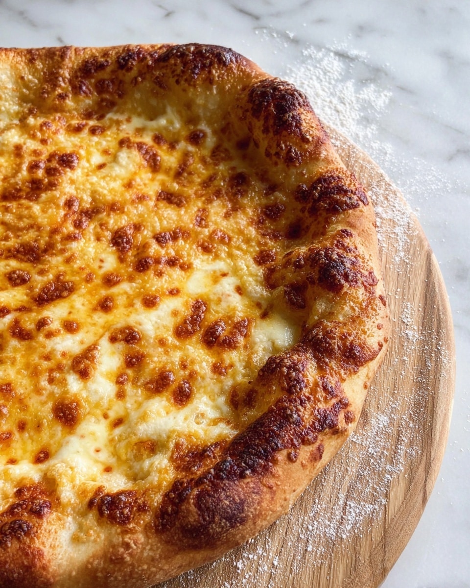 A close-up view of a cheese pizza showing one layer of melted light yellow and golden cheese with slightly browned spots all over, resting on a thick, puffy crust that is golden brown with darker toasted patches. The pizza is placed on a wooden board, set on a white marbled surface dusted lightly with flour. Photo taken with an iphone --ar 4:5 --v 7