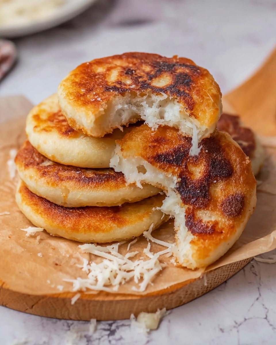 The image shows a stack of five round fried cakes on a white marbled surface, placed on a wooden board with parchment paper under them. The cakes have a golden-brown exterior with darker browned spots, showing a crispy texture. One cake is torn open, revealing a soft, white inside with a slightly fibrous texture. Some white shredded pieces, possibly cheese, are scattered around the board, adding a small detail to the scene. The background includes part of a white plate, mostly out of focus. photo taken with an iphone --ar 4:5 --v 7