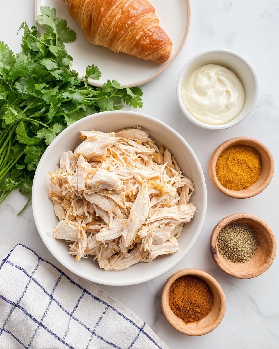 The image shows a white bowl in the center filled with shredded cooked chicken that is light beige with hints of golden brown. To the left of the bowl, there is a bunch of fresh green cilantro with stems, and above it, a partially visible white plate with a croissant that has a golden-brown crust. Above the bowl of chicken are three small white bowls; one contains creamy white mayonnaise, one is empty, and the last is empty as well. To the right of these bowls are three small round wooden bowls, filled with yellow, brown, and light brown powdered spices. Below, on the right side, there is a white cloth with blue checkered pattern, resting on a white marbled surface. Photo taken with an iphone --ar 4:5 --v 7
