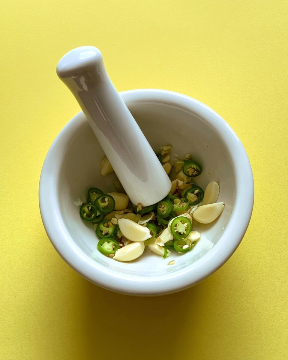 Inside a white mortar, there are pieces of pale garlic cloves and many small green sliced chili peppers with seeds showing. The smooth white pestle stands upright, resting among the ingredients. The mortar is placed on a bright yellow surface, creating a simple and fresh look. Photo taken with an iphone --ar 4:5 --v 7
