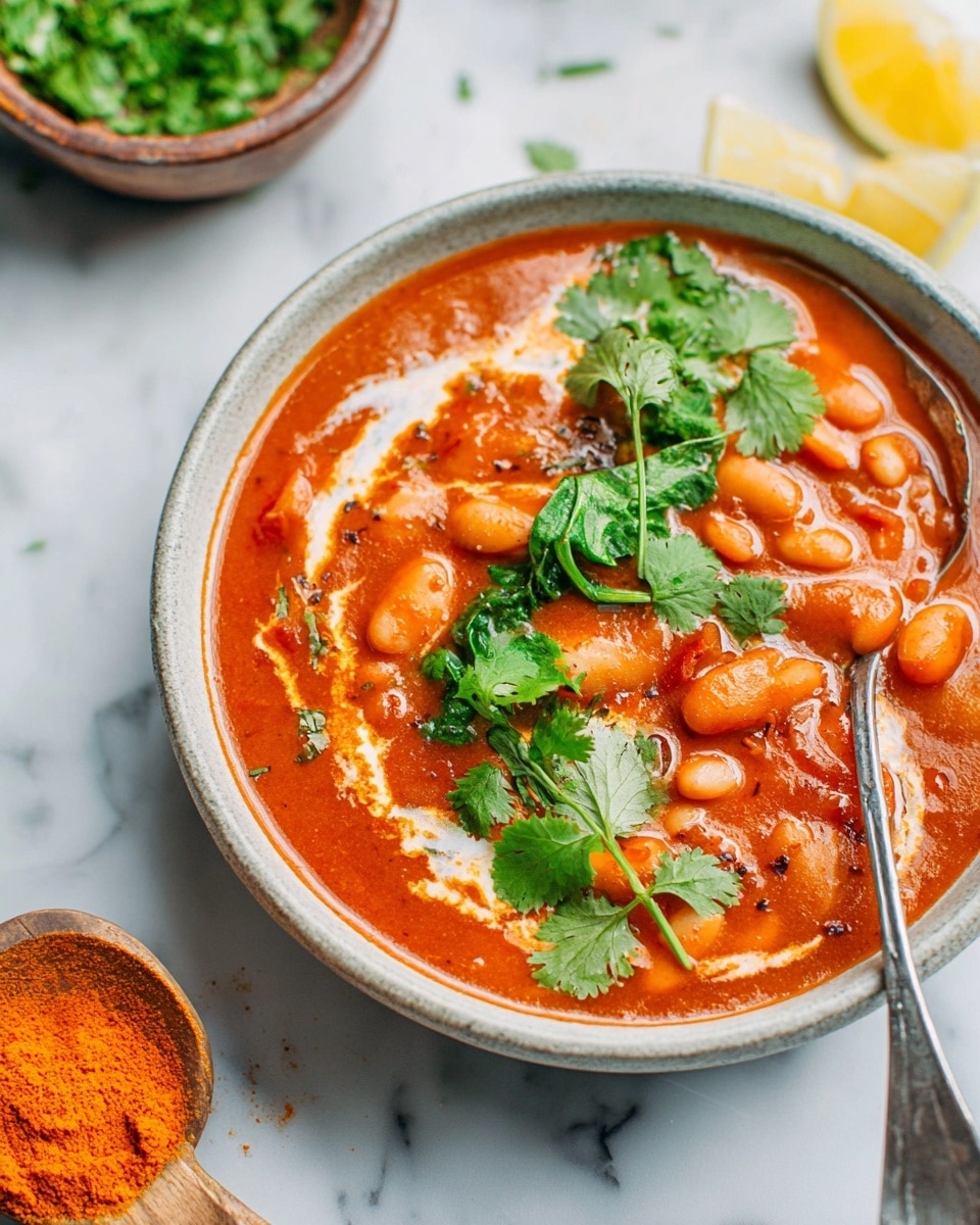 A bowl of thick orange-red bean stew fills most of the image, with white kidney beans and small chunks of tomato visible in the rich sauce. Swirls of white cream blend into the stew, adding smooth, light patches. Bright green cilantro leaves are scattered on top, along with a few spinach leaves. A silver spoon rests in the stew on the right side of the bowl. The bowl is rustic with a light gray edge, sitting on a white marbled surface. Nearby are three wedges of lemon and a wooden spoon filled with bright orange powder. Another bowl with green herbs is blurred in the background. photo taken with an iphone --ar 4:5 --v 7