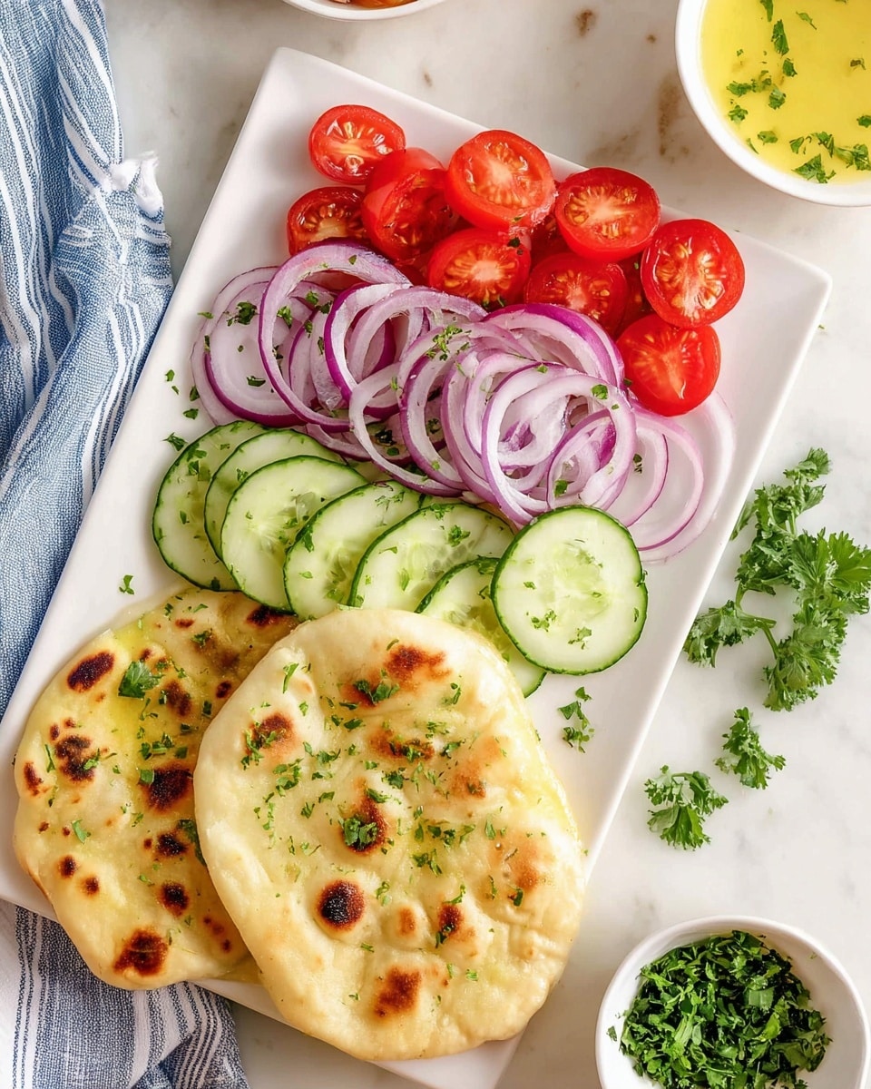 A rectangular white plate holds four sections of fresh food arranged in layers: at the top left are bright red halved grape tomatoes with shiny skins, below them are thin curved slices of purple-red onion with white inner rings, next is a neat row of round green cucumber slices with pale centers, and at the bottom right are two light golden naan breads topped with small green herb pieces, showing some browned spots and soft texture. Around the plate are a few green parsley leaves. Nearby, a white bowl contains pale yellow sauce with green herb bits, and a smaller white bowl holds chopped green herbs. The scene is set on a white marbled surface with a blue and white striped cloth peeking in from the bottom left. photo taken with an iphone --ar 4:5 --v 7