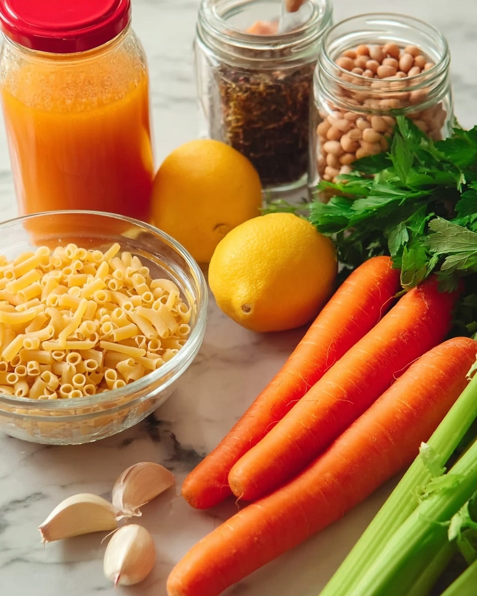The image shows a close-up of several fresh ingredients arranged on a white marbled surface. In the foreground, there is a clear glass bowl filled with small, pale yellow pasta. To the right of the bowl, three large, bright orange carrots with green tops lie next to a bunch of celery with vivid green leaves. Nearby, a whole bright yellow lemon is placed next to two peeled garlic cloves. Behind these items, there is a clear glass jar filled with orange liquid, a small clear glass bottle with a red lid containing a dark dried herb, and a larger jar filled with light brown beans. The colors are vibrant and the textures are clear, showing the freshness of the ingredients. Photo taken with an iphone --ar 4:5 --v 7