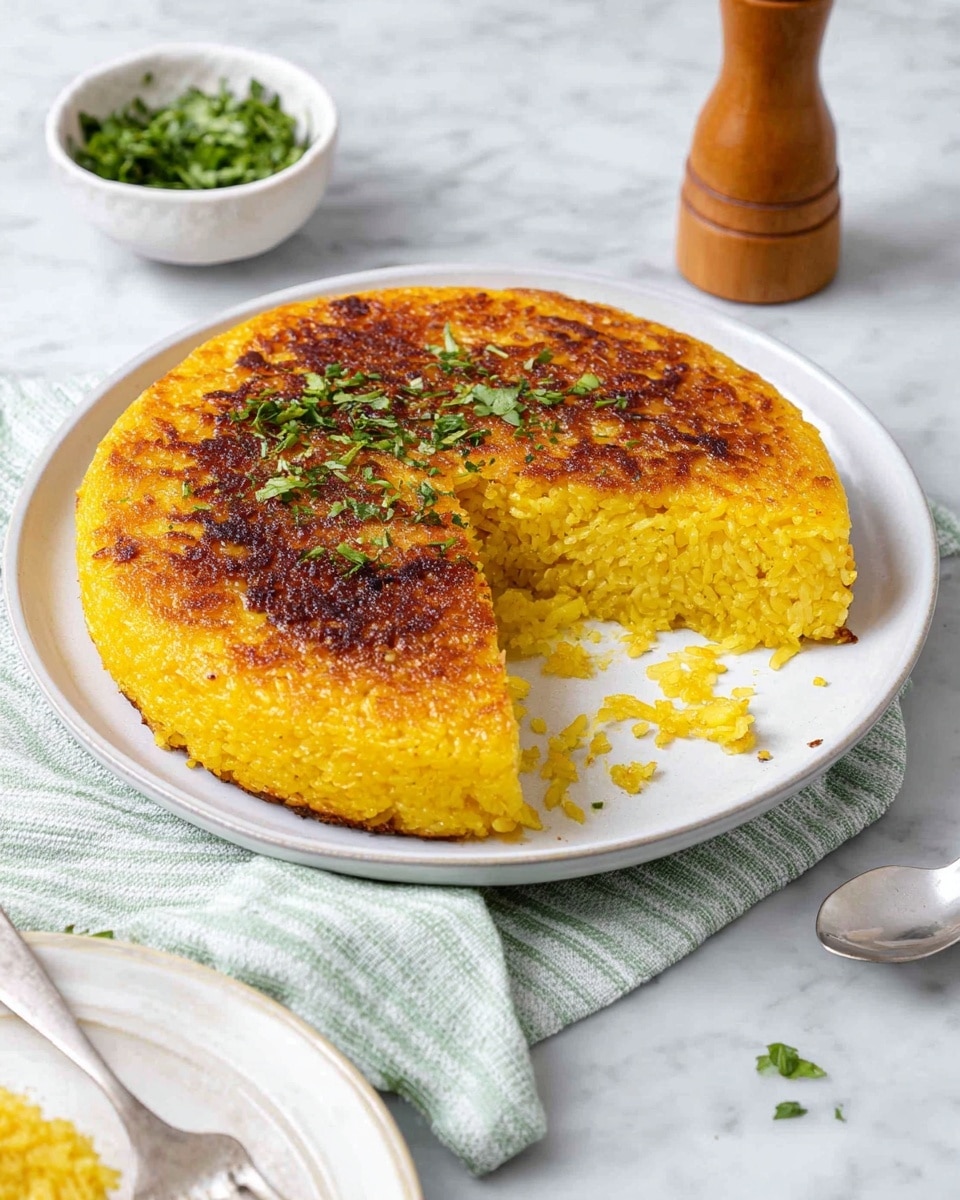 A round, thick rice dish on a white plate with a crispy, golden brown crust on top, and bright yellow, soft rice visible on one cut side. The top crust looks textured and slightly browned with a few green herb sprigs scattered on it. The plate is placed on a white marbled surface with a light green striped cloth nearby and a spoon resting on the edge of another white plate in the lower left part of the image. A small white bowl with fresh green herbs and a wooden pepper grinder are in the background. Photo taken with an iphone --ar 4:5 --v 7