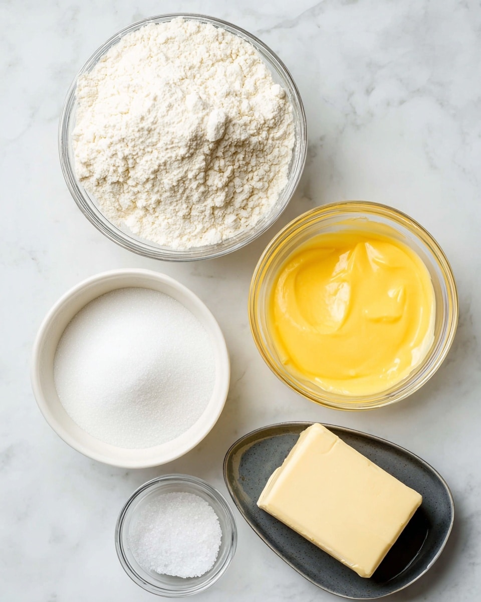 The image shows five separate containers of baking ingredients arranged on a white marbled surface. In the top left, there is a large glass bowl filled with white flour that has a slightly crumbly texture on top. To its right, a smaller clear glass bowl holds smooth, bright yellow custard or cream. Below the flour bowl, a white bowl contains fine, white granulated sugar. Next to it, on the bottom right, is a small dark oval dish with a block of pale yellow butter that has a smooth surface. Finally, a very small clear glass bowl filled with fine white salt sits in front of the butter dish. The setup is clean and simple, with a focus on the different textures and colors of the ingredients photo taken with an iphone --ar 4:5 --v 7