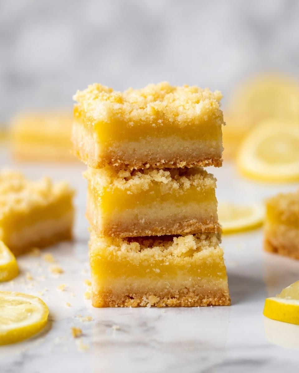 The image shows a stack of three square lemon bars placed on a white marbled surface, each bar having three layers: a bottom layer of light golden, firm shortbread crust; a middle layer of bright yellow, smooth lemon filling; and a top layer of crumbly, pale yellow streusel with a slightly rough texture. Around the stack, there are more lemon bars scattered out of focus, and a few thin slices of lemon lying flat nearby. The background is softly blurred with a white marbled texture. Photo taken with an iphone --ar 4:5 --v 7