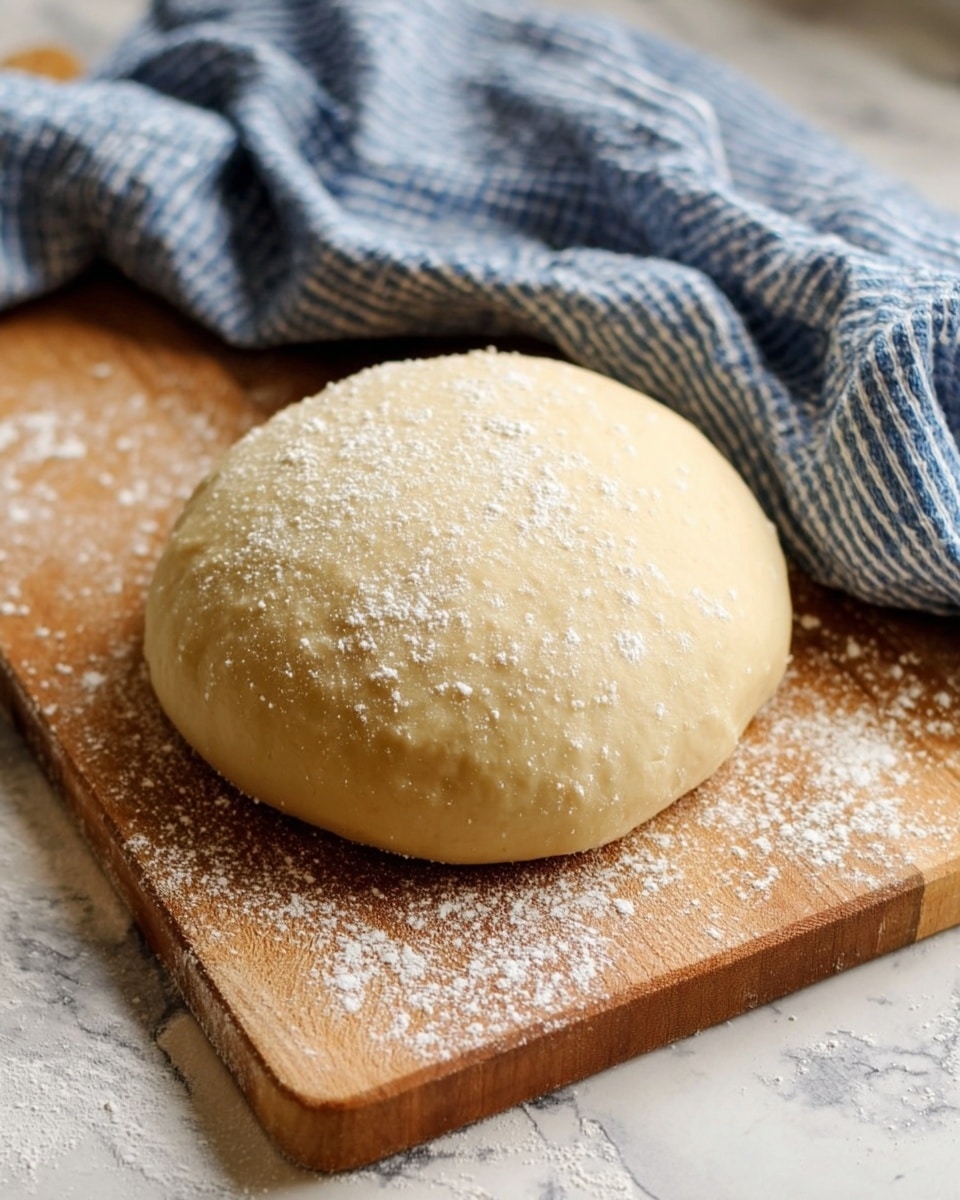 A round ball of dough with a smooth, pale beige surface sprinkled lightly with white flour sits on a wooden cutting board. The dough looks soft and slightly puffy, resting in the middle of the board, which has some white flour spread around it. A blue and white striped cloth is casually placed behind the dough on a white marbled surface, adding a cozy and fresh kitchen feel to the image. photo taken with an iphone --ar 4:5 --v 7