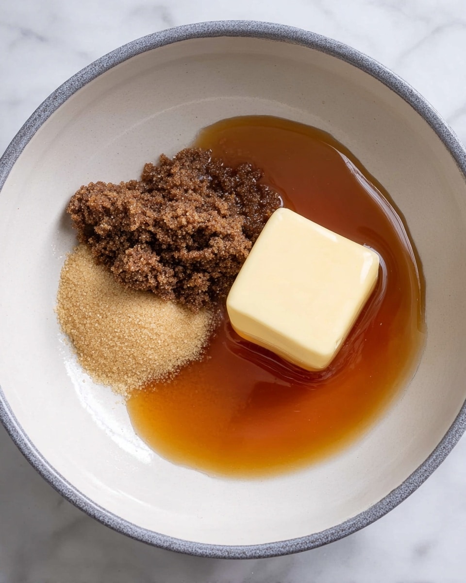 In a white bowl with a gray rim, there are three main layers: a pile of dark brown sugar with a rough texture on the left, a square chunk of pale yellow butter sitting on top near the center, and a smooth, shiny layer of amber syrup covering the right side and bottom. The bowl is placed on a white marbled surface. photo taken with an iphone --ar 4:5 --v 7