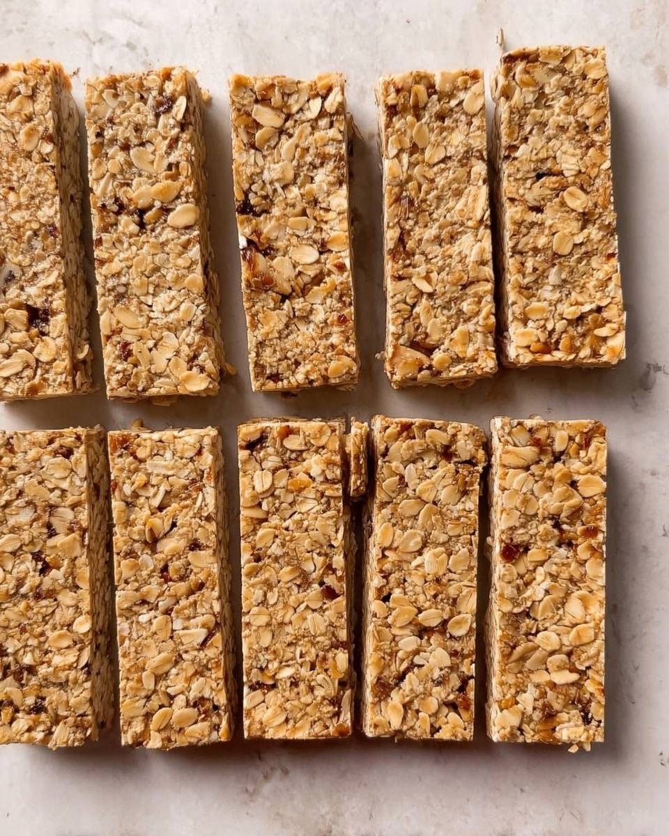 The image shows rectangular oat and nut bars arranged on a white marbled surface. There are ten bars in total, laid out in two groups: five bars in the top row and five in the bottom row. The bars have a light golden-brown color with visible rolled oats and various nuts embedded inside, giving a textured, crunchy look. The oats dominate the surface with bits of brown nuts scattered evenly throughout. The bars have clean, straight edges and a firm, dense texture. photo taken with an iphone --ar 4:5 --v 7