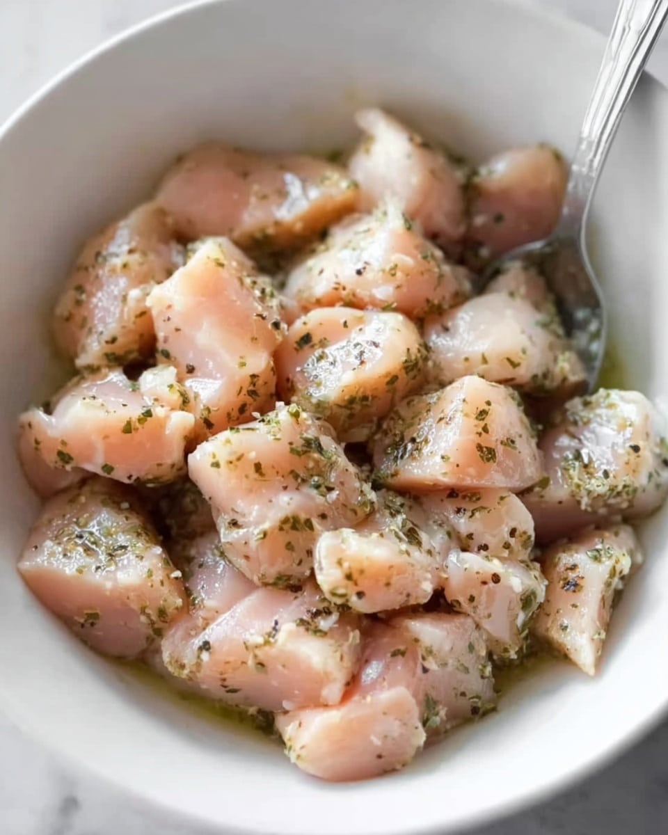 This image shows a white bowl filled with raw chicken pieces arranged closely, each piece coated with a light layer of herbs and seasoning, visible as small green and black specks. The chicken is pale pink with a moist, slightly shiny texture. A metal spoon rests among the chicken pieces, reflecting light softly. The bowl sits on a white marbled surface, enhancing the fresh look of the ingredients. photo taken with an iphone --ar 4:5 --v 7