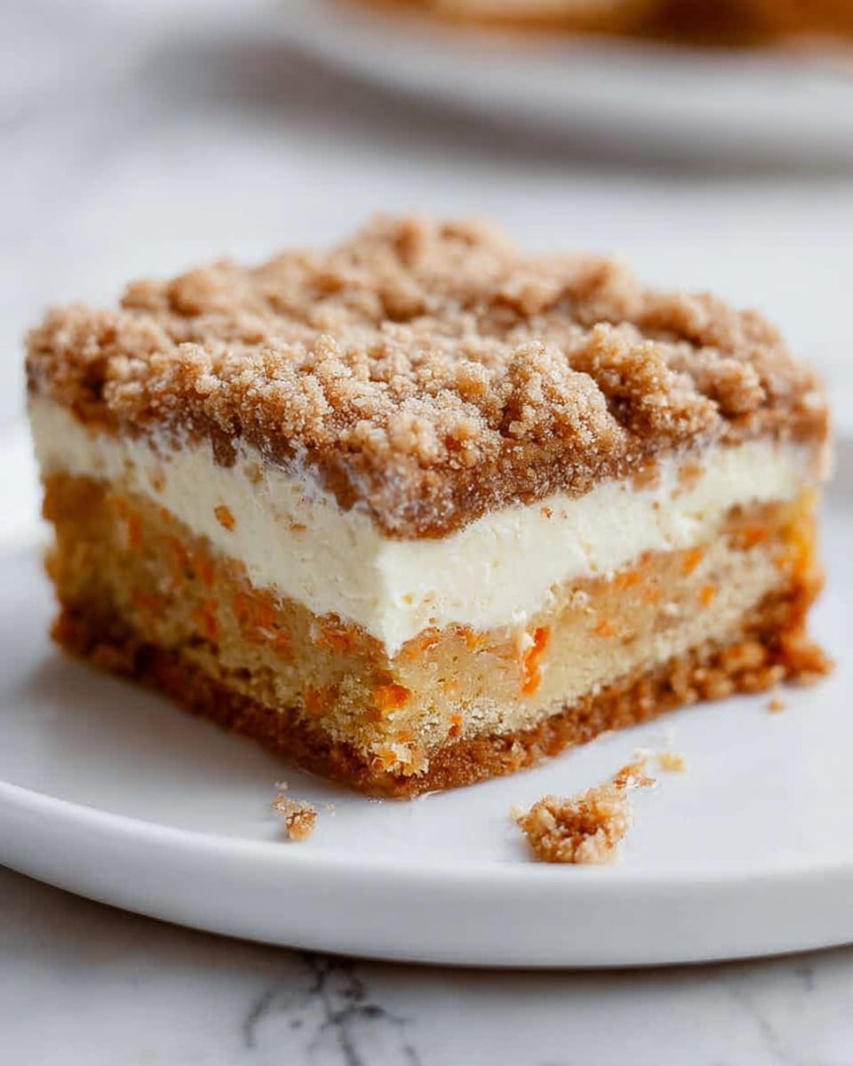 A square piece of cake sits on a white plate with a white marbled surface underneath. The cake has three visible layers: the bottom layer is a golden brown cake with small bits of orange carrot mixed in, the middle creamy layer is white and smooth with some texture, and the top layer is crumbly and light brown, looking like a streusel topping sprinkled evenly. The edges of the cake are clean, and a few crumbs are scattered on the plate near the cake. photo taken with an iphone --ar 4:5 --v 7