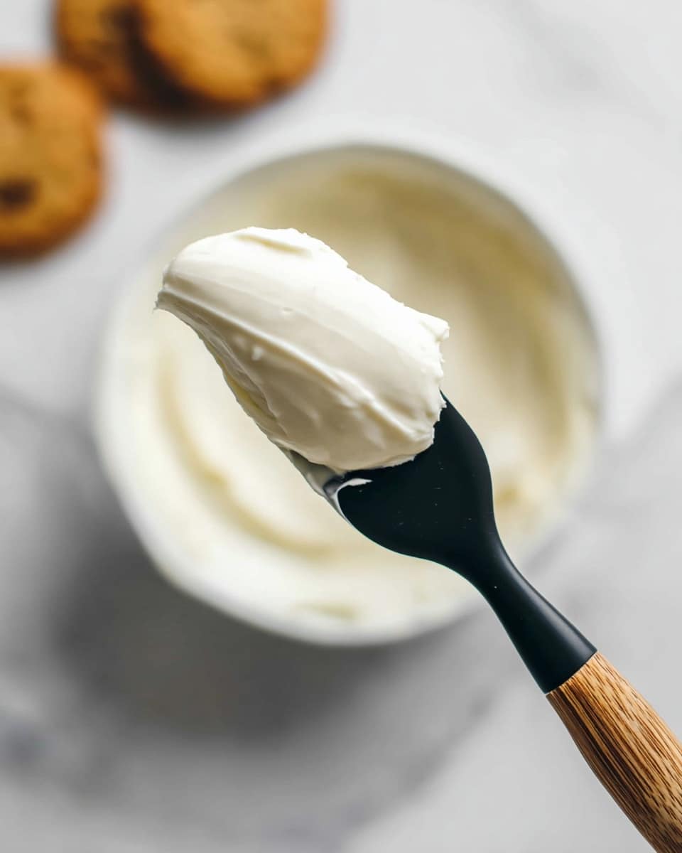The image shows a close-up of a black spatula with a wooden handle holding a smooth, thick white creamy spread. Behind the spatula, there is a white bowl filled with the same creamy spread, placed on a white marbled surface. In the blurred background, two golden-brown cookies are partly visible near the top corners, adding a warm contrast to the cool white cream and bowl. The focus is on the smooth texture of the cream on the spatula, with soft lighting illuminating the scene. Photo taken with an iphone --ar 4:5 --v 7