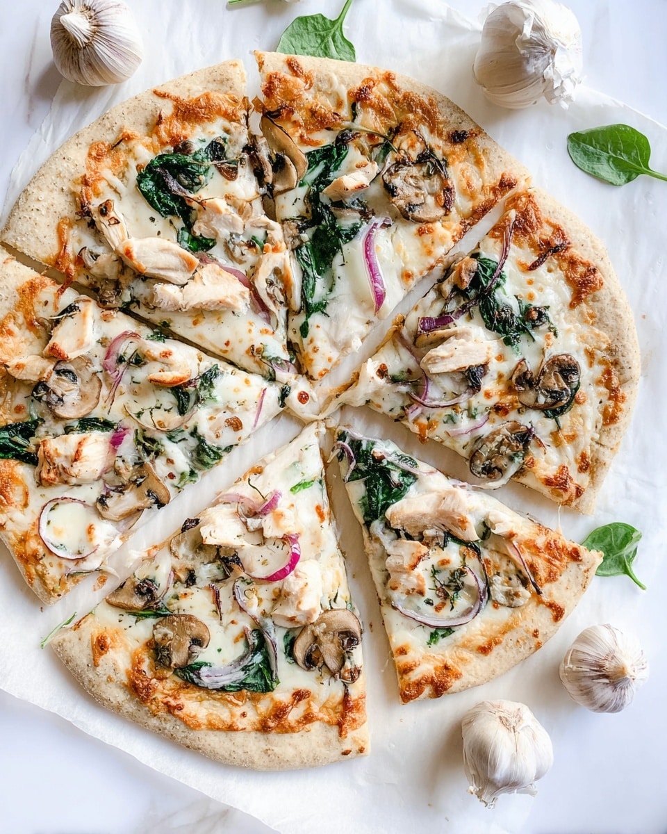 A pizza cut into eight slices sits on white parchment over a white marbled surface. The crust is thick and light beige with a slightly rough texture. The first layer is melted cheese that is white and lightly browned in spots. On top of the cheese are thin slices of cooked chicken with a light golden color, scattered cooked mushrooms that are brown, fresh green spinach leaves, and thin strips of red onion that add a purple contrast. Around the pizza, there are three whole bulbs of garlic. The overall look is fresh with warm colors and a mix of soft and crisp textures. Photo taken with an iphone --ar 4:5 --v 7