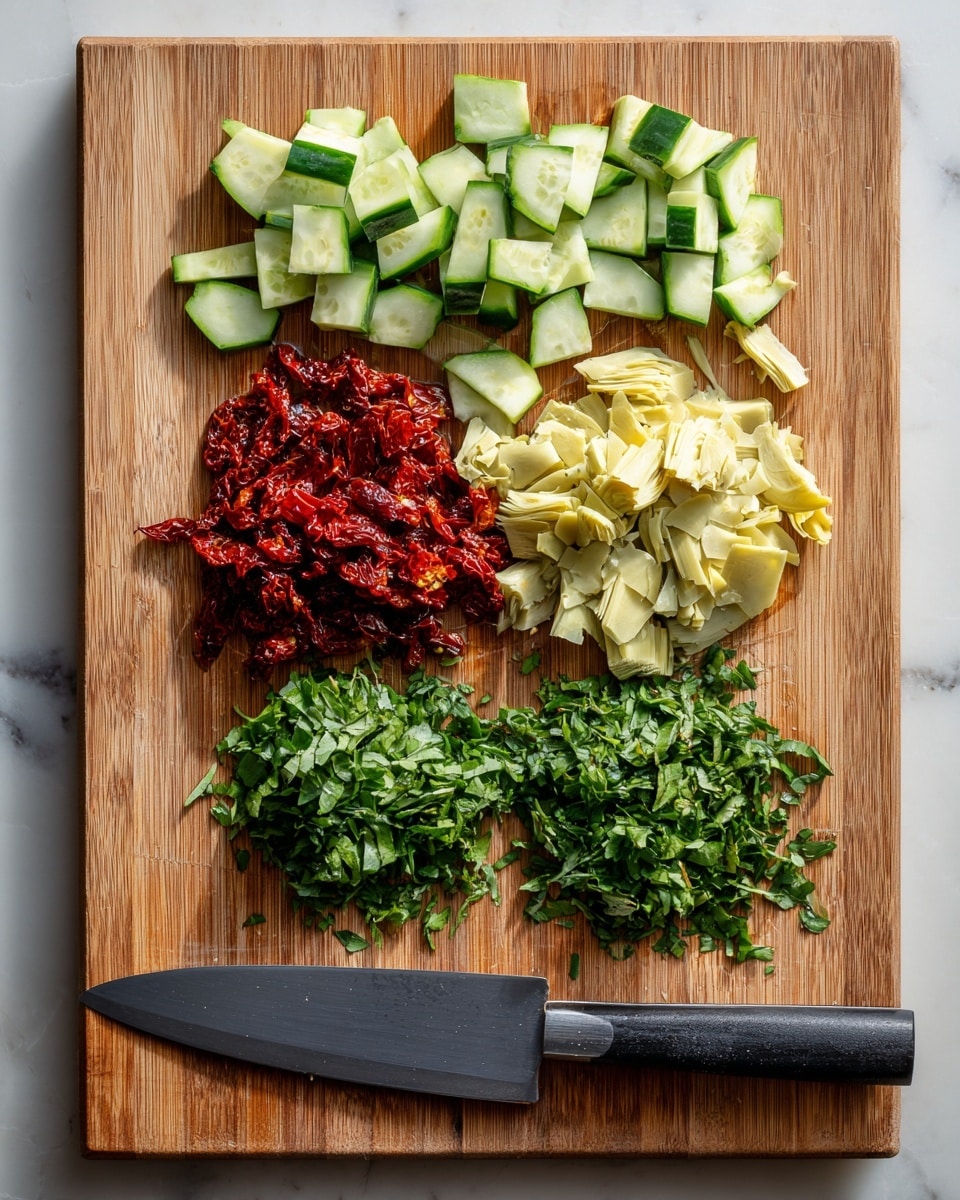 The image shows four layers of ingredients arranged vertically on a wooden cutting board. The top layer is bright green cucumber slices cut into half-moons with a fresh, smooth texture. Below is a pale yellow layer of chopped artichoke hearts with a soft, slightly fibrous look. The third layer is made of deep red sun-dried tomatoes, appearing wrinkled and slightly shiny. The bottom layer features finely chopped fresh green herbs, looking leafy and vibrant. Below the layers, a large dark gray knife with a black handle rests horizontally on the board. The background is a white marbled texture. photo taken with an iphone --ar 4:5 --v 7