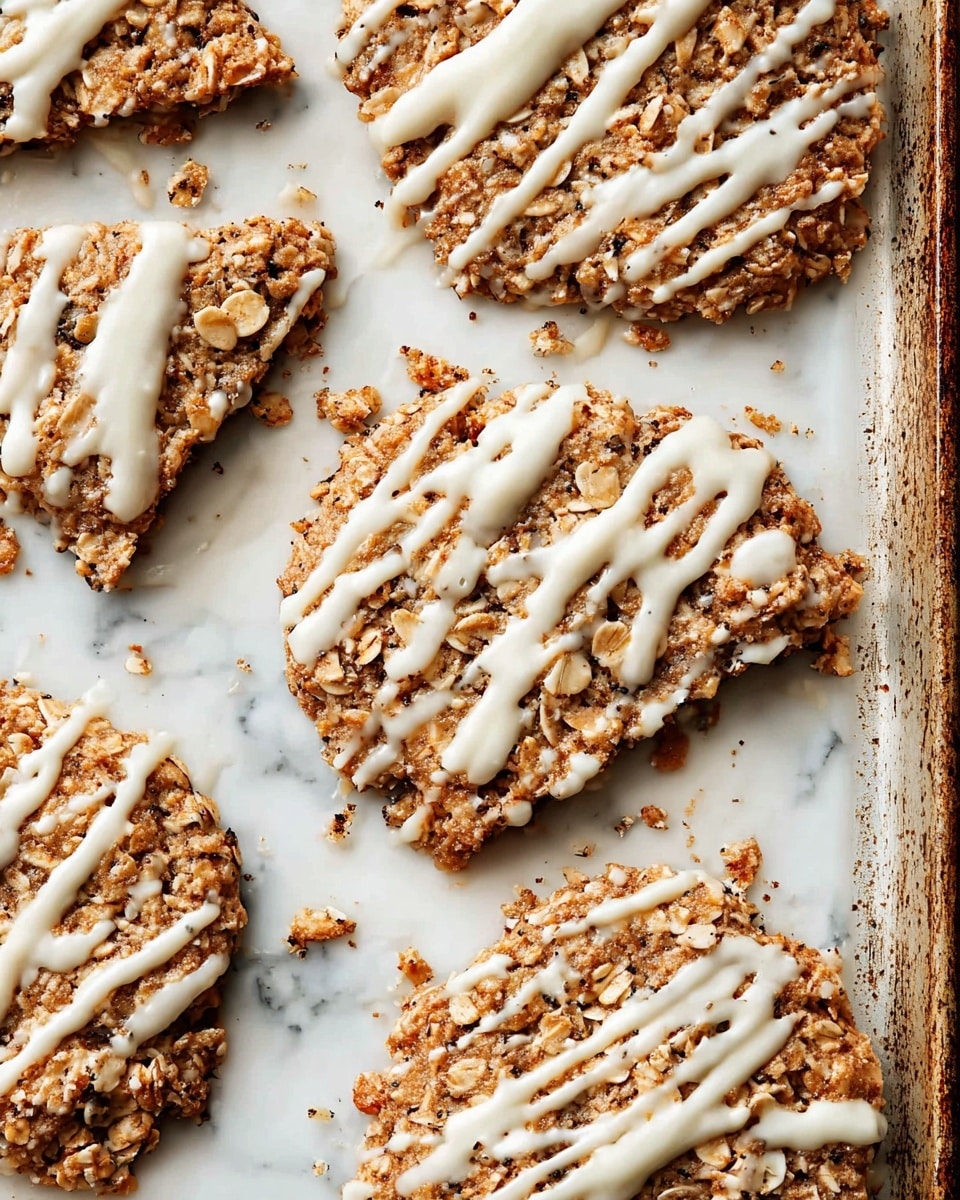 Several granola cookies are spread out on a baking tray lined with parchment paper, each cookie showing a rough texture made of oats and small seeds with a light to medium brown color. The cookies are unevenly shaped and have been drizzled generously with a creamy white glaze on top, some streaks thicker and others thinner, creating a casual pattern. The tray edges and surface around the cookies are visible with some crumbs scattered about. The background features a white marbled texture. photo taken with an iphone --ar 4:5 --v 7