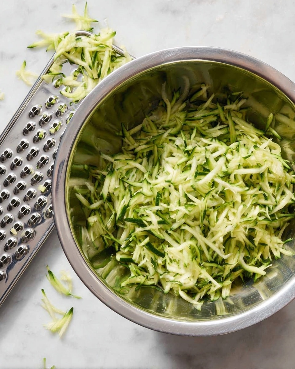 A metal bowl filled with thin, shredded green zucchini strands sits on a white marbled surface. Next to the bowl is a metal grater with small pieces of zucchini stuck in its holes and some shredded zucchini scattered on the surface. The shredded zucchini strands have a mix of light green and darker green shades with a soft texture. The light reflects on the shiny metal bowl, showing its curved edges clearly. Photo taken with an iphone --ar 4:5 --v 7
