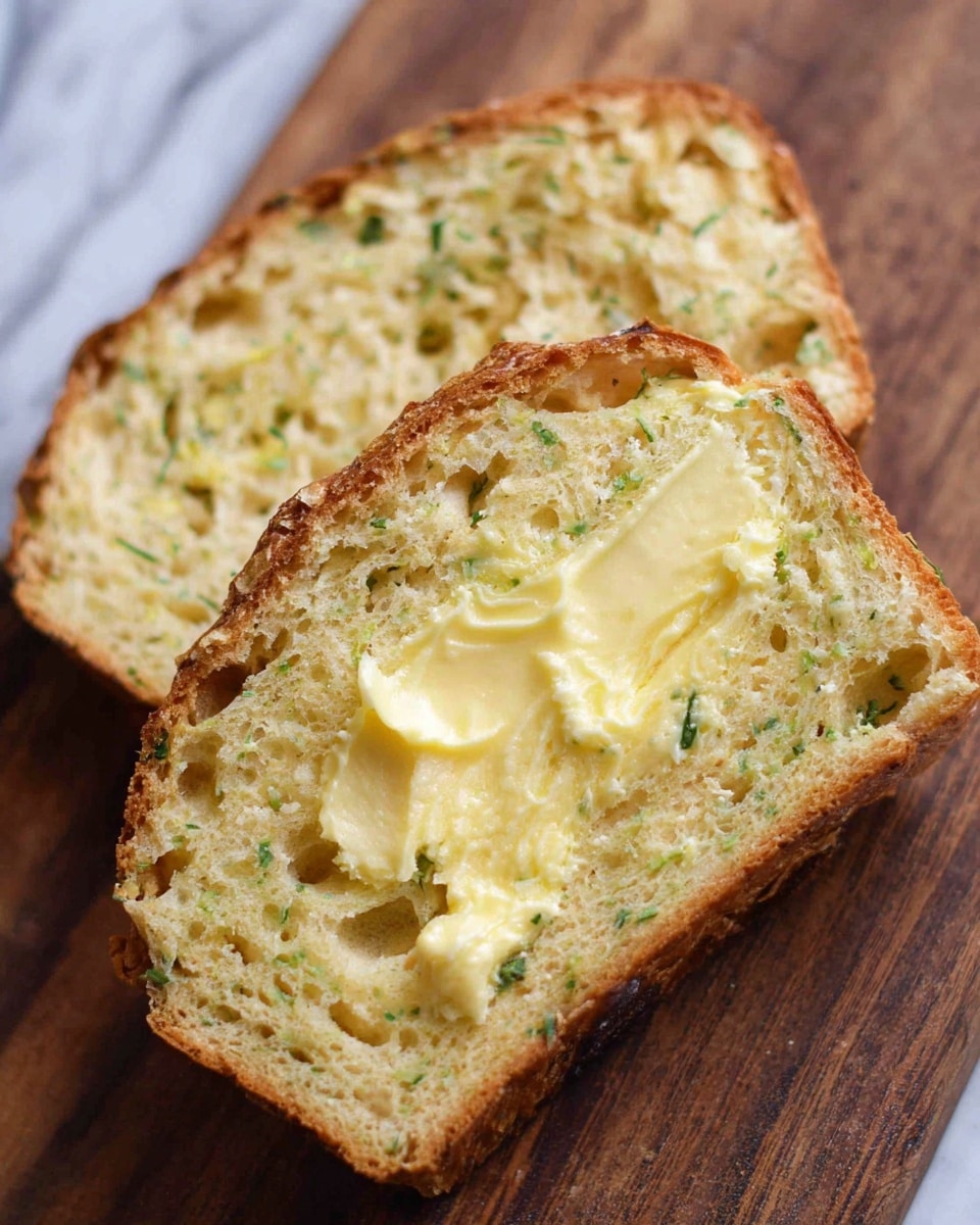 The image shows two slices of a thick, light brown bread with a rough, crunchy crust and soft, airy inside with small holes. There are green herb bits spread evenly through the soft bread. One slice has a creamy yellow spread melting smoothly on its middle, creating a soft texture contrast with the bread. The slices rest on a wooden surface that is changed to a white marbled texture. Photo taken with an iphone --ar 4:5 --v 7