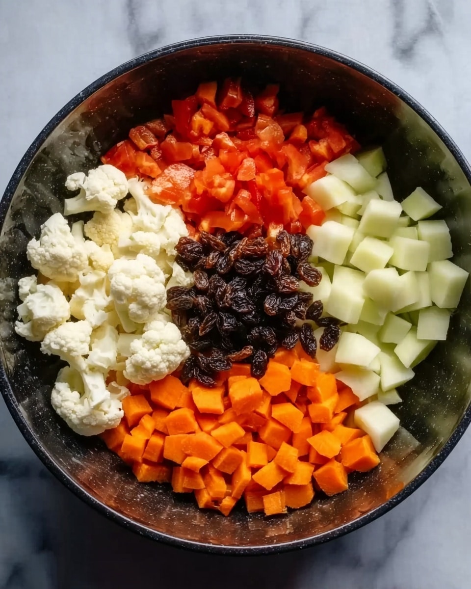 A black bowl with five different piles of chopped vegetables and raisins inside, arranged in a circle. There are white cauliflower pieces at the bottom left, orange carrot slices at the bottom right, light green potato cubes at the top right, red diced tomatoes at the top left, and dark brown raisins in the center. The bowl is on a white marbled surface. Photo taken with an iphone --ar 4:5 --v 7