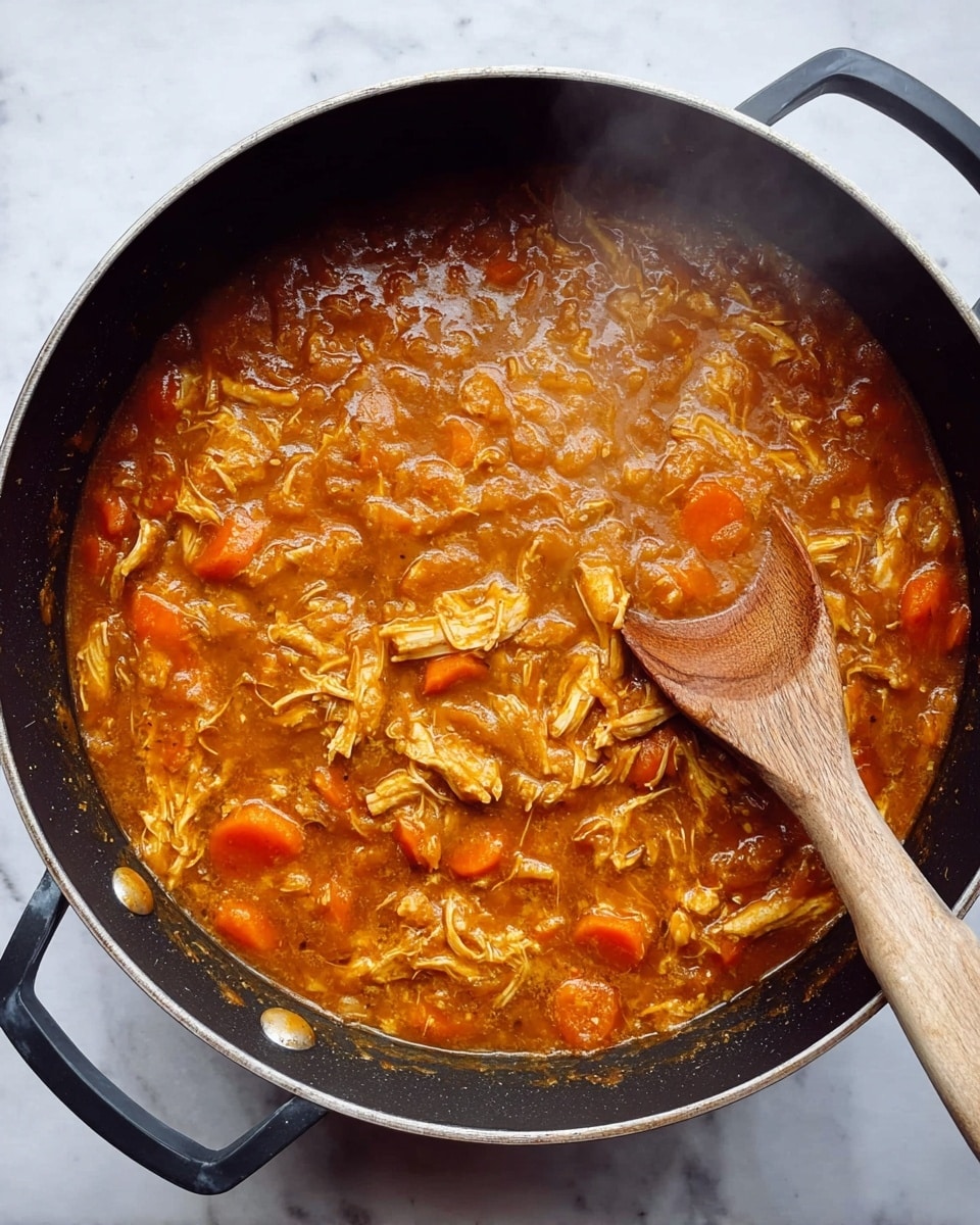 A black pan filled with thick orange-brown stew that has shredded pieces of chicken and sliced carrots mixed in the sauce. A wooden spoon is resting inside the pan on the right side, partially covered by the stew that looks rich and hearty. The pan sits on a white marbled surface with steam rising gently from the hot dish. photo taken with an iphone --ar 4:5 --v 7