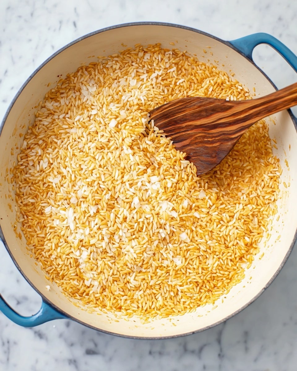 A close-up image of a large white enamel pot with blue handles sitting on a white marbled surface, filled with a single layer of dry, orange-tinted long rice grains mixed with small pieces of white onion. A wooden spatula with smooth grain patterns is stirring the rice from the right side, creating gentle waves and movement in the rice. Photo taken with an iphone --ar 4:5 --v 7