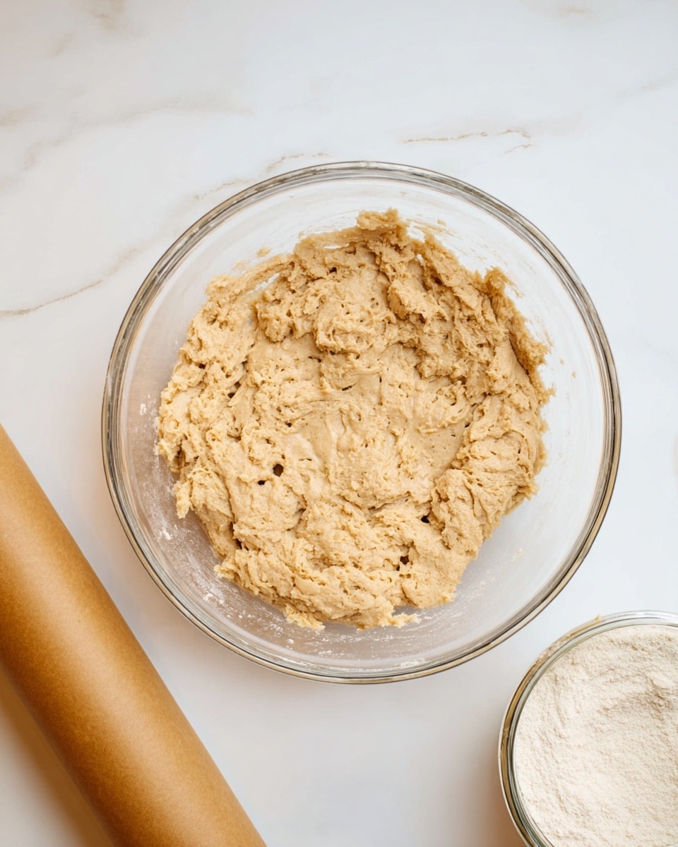 A clear glass bowl sits on a white marbled surface, filled with light brown dough that has a rough, slightly lumpy texture with small air bubbles visible throughout. To the left of the bowl, there is a roll of brown parchment paper, and on the right side, there is a clear jar filled with light-colored flour. The dough layer fills most of the bowl, spreading evenly but uneven on the surface. Photo taken with an iphone --ar 4:5 --v 7