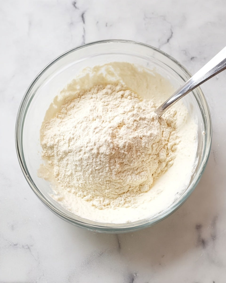 A clear glass bowl sits on a white marbled surface, containing two main layers. The bottom layer is a thick white creamy substance, smooth in texture. On top of it lies a heap of light beige flour, dry and slightly powdery in appearance, partially covering the creamy base. A silver spoon is placed inside the bowl, resting on the right side, with its edge dipped slightly into the creamy layer. Photo taken with an iphone --ar 4:5 --v 7