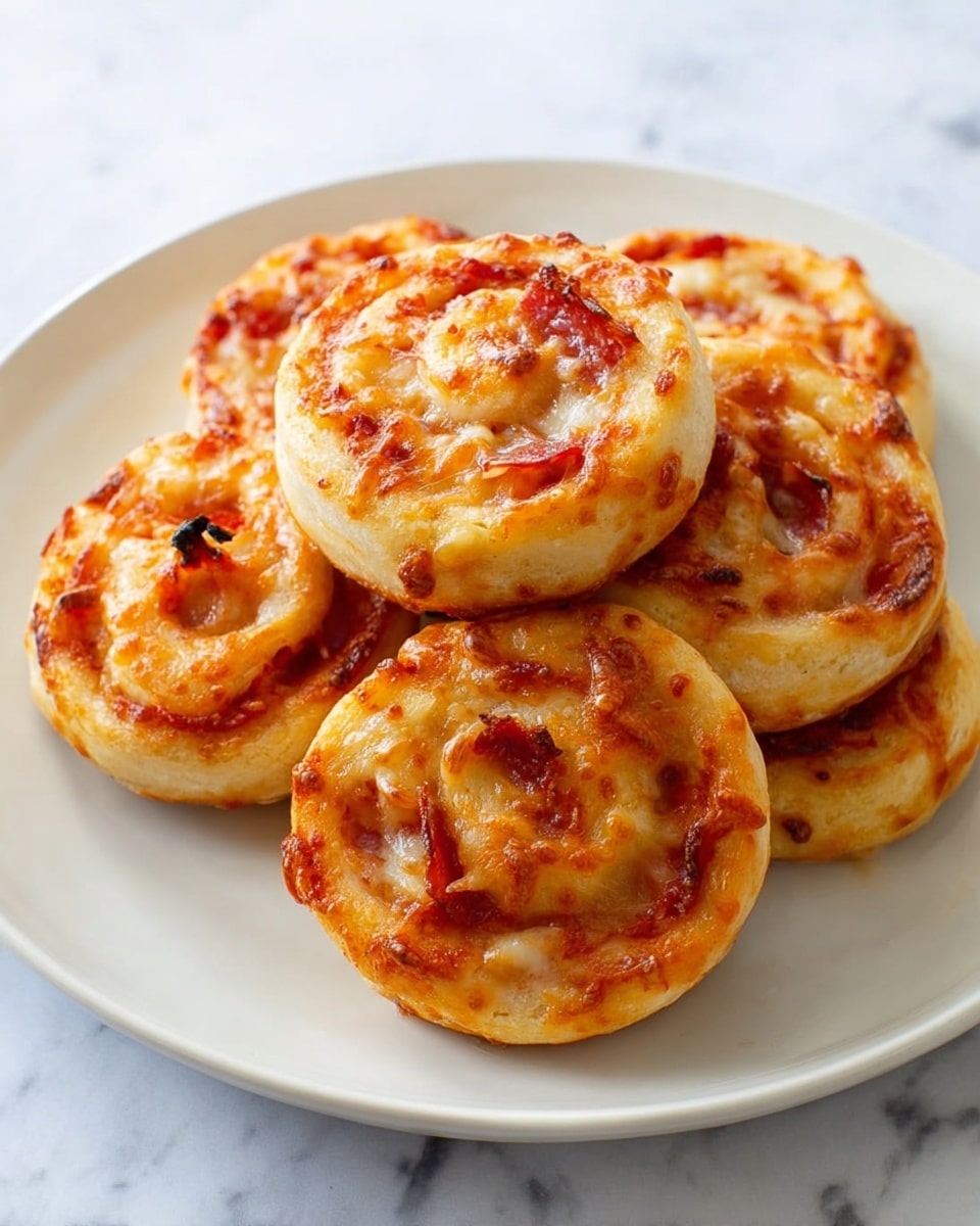 A white plate holds a stack of six small round pizza rolls with a golden-brown crust. Each roll has a spiral shape showing layers of soft dough, bright red tomato sauce, and melted light yellow cheese with bits of cooked red pieces that look like pepperoni or ham mixed in. The edges of the rolls are slightly crisp and browned, with a fluffy texture inside. The plate is set on a white marbled surface. photo taken with an iphone --ar 4:5 --v 7