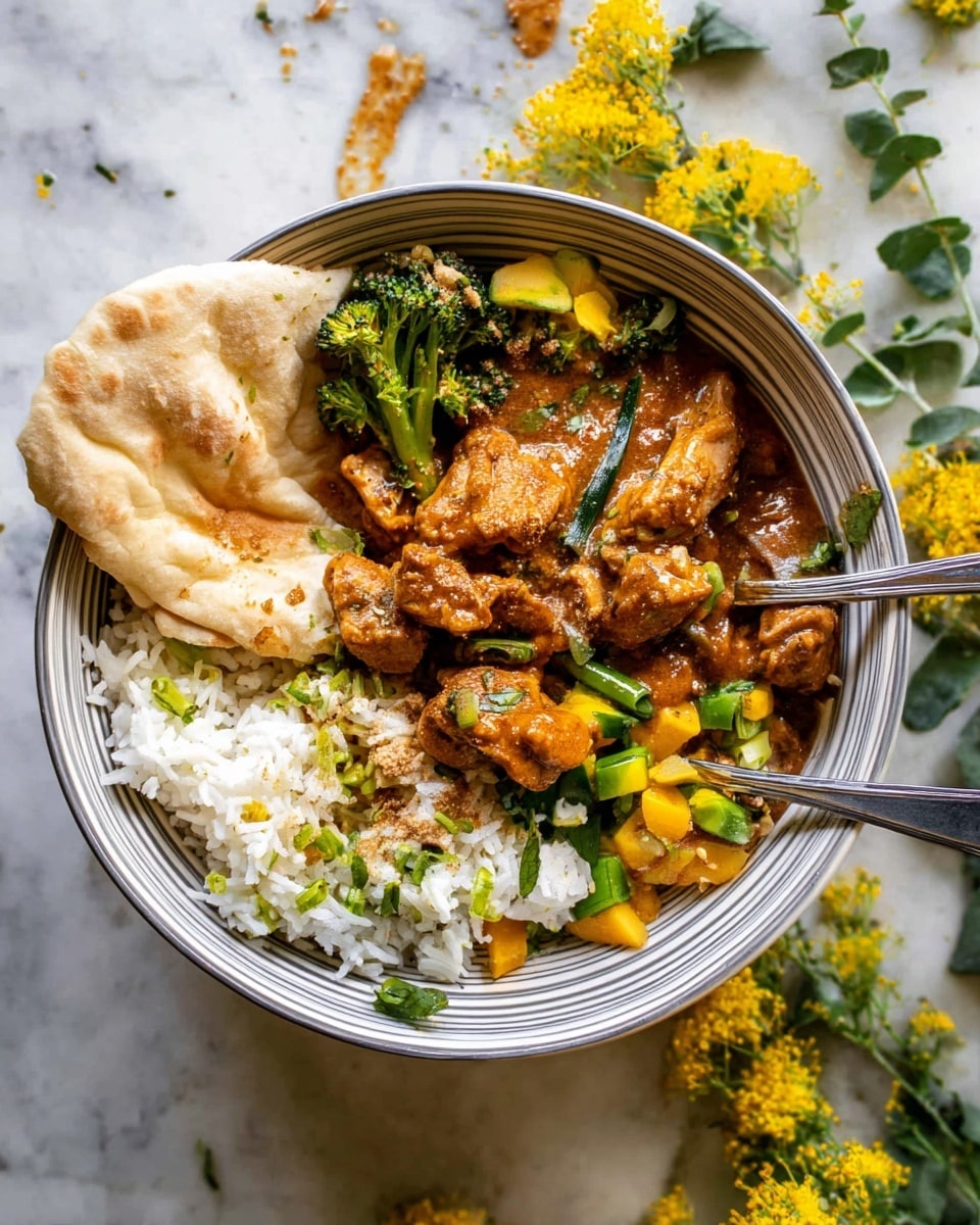 A bowl shows three main layers: at the bottom, white rice mixed with small green herbs and yellow diced mango pieces forms the base; in the middle, there are thick pieces of brown chicken covered in a rich, dark orange-brown sauce with visible spices; on top, a piece of folded soft, light beige flatbread rests on the side. A green broccoli floret peeks out from under the chicken. Two silver forks stick into the food in the bowl. The bowl is white with gray horizontal stripes and is placed on a white marbled surface with small yellow flowers and green leaves around it. Photo taken with an iphone --ar 4:5 --v 7