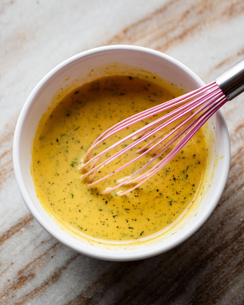 Slow Cooker Honey Mustard Chicken Recipe 4 A white bowl holds a smooth yellow sauce mixed with small black and green herb bits, giving it a slightly speckled look. The sauce fills about half of the bowl and appears glossy and thick. A pink whisk with a silver handle is partly dipped into the sauce, resting at an angle with some sauce dripping from its wires. The bowl is placed on a white marbled surface, and the lighting highlights the sauce’s rich texture and color. Photo taken with an iphone --ar 4:5 --v 7
