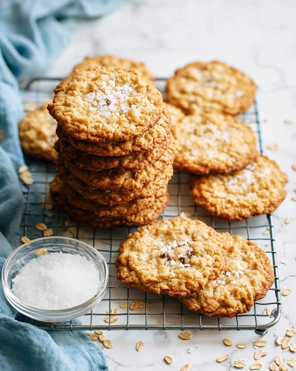 A white wire cooling rack is filled with a stack of golden-brown oatmeal cookies, each cookie showing textured oat flakes and small dark specks, topped with a light sprinkle of coarse white salt crystals. The cookies are in a loose pile, some leaning on others, with a small clear glass bowl filled with fine white salt placed at the bottom left side of the rack. The rack sits on a light blue cloth, all placed on a white marbled surface with scattered oats around. photo taken with an iphone --ar 4:5 --v 7