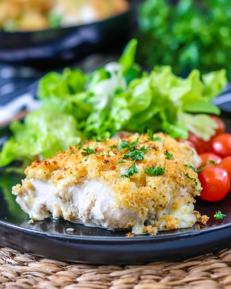 The dish shows a white piece of cooked chicken topped with a golden, crumbly layer of breadcrumbs and melted cheese with small green parsley pieces sprinkled on top. The chicken is placed on a black plate. On the side, there is a fresh salad with bright green leafy lettuce and red cherry tomatoes for a pop of color. The plate sits on a woven placemat with a blurred background of another salad bowl. The photo taken with an iphone --ar 4:5 --v 7