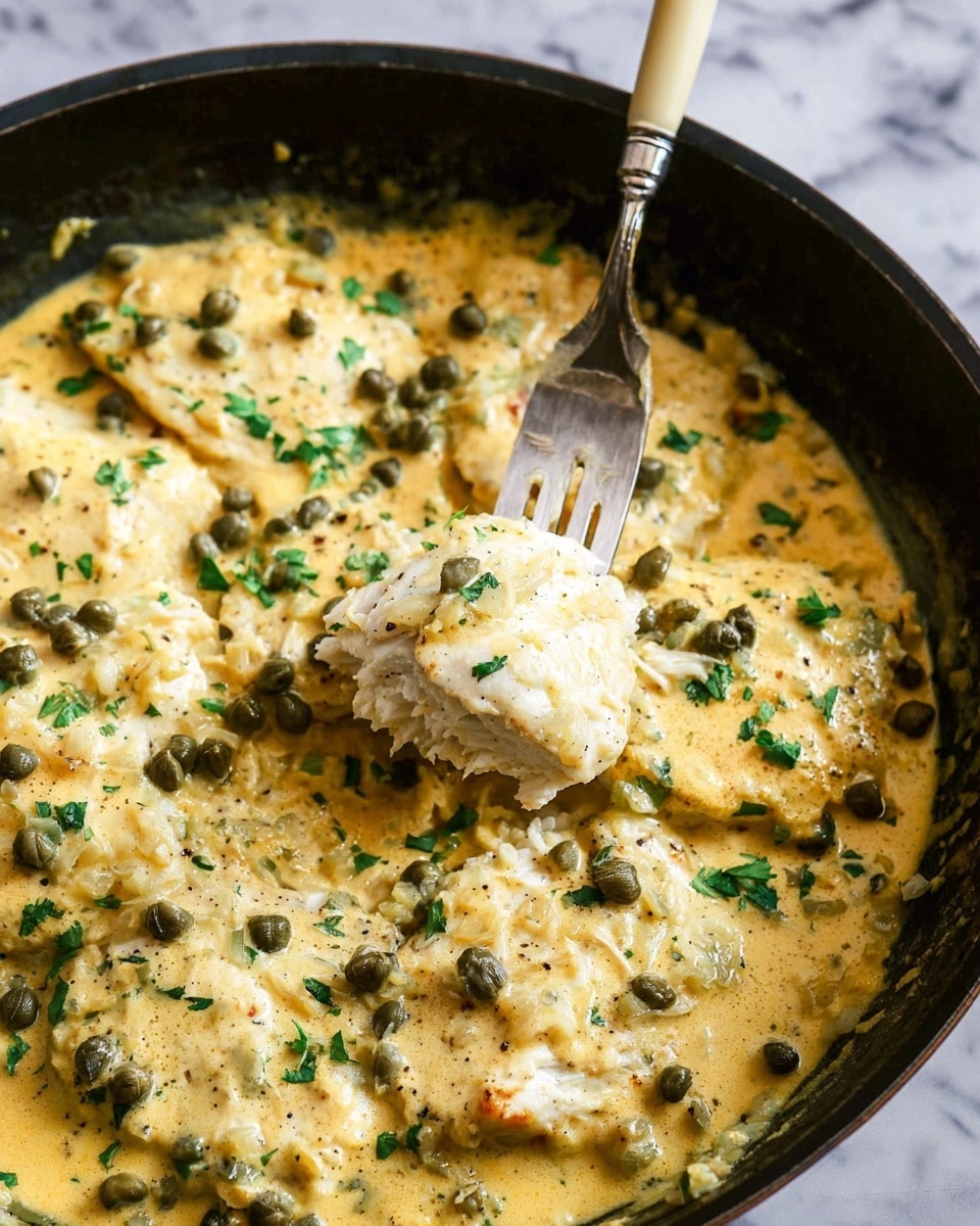 The image shows a close-up of a dark skillet filled with a creamy yellow sauce mixed with visible small pieces of onion and whole capers spread across the surface. Underneath the sauce, there are several thick, white pieces of meat partially covered, and the dish is topped with small green herb leaves scattered evenly. A fork with a beige handle is placed inside the skillet, lifting a piece of the sauce-covered meat. The background is a white marbled texture photo taken with an iphone --ar 4:5 --v 7